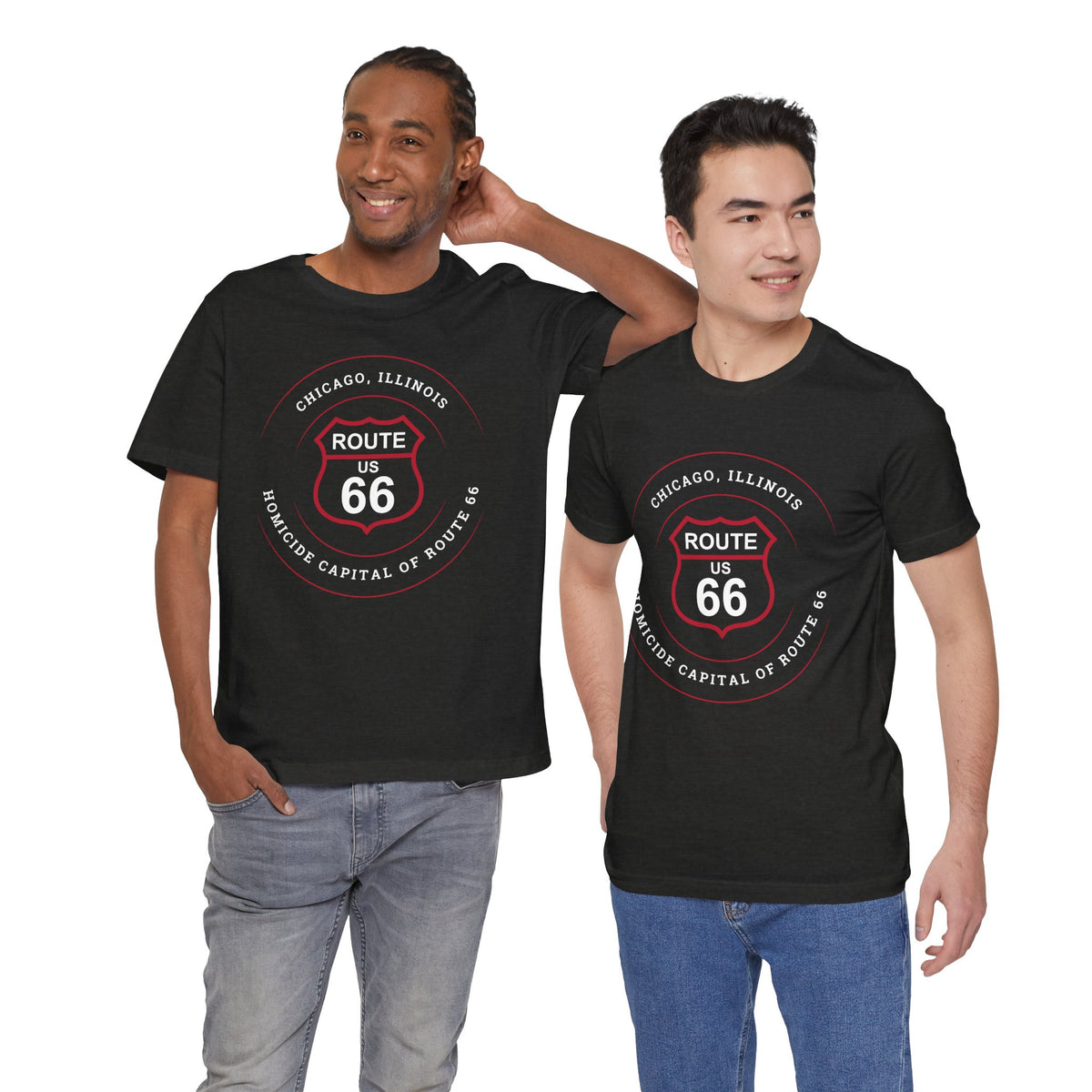 Chicago homicide capital Route 66 unisex tee in black, front view on two models