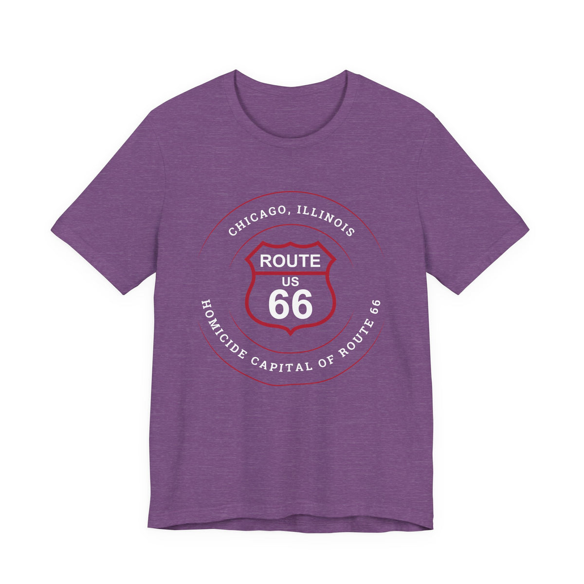Chicago homicide capital Route 66 unisex tee in purple, front view flat lay