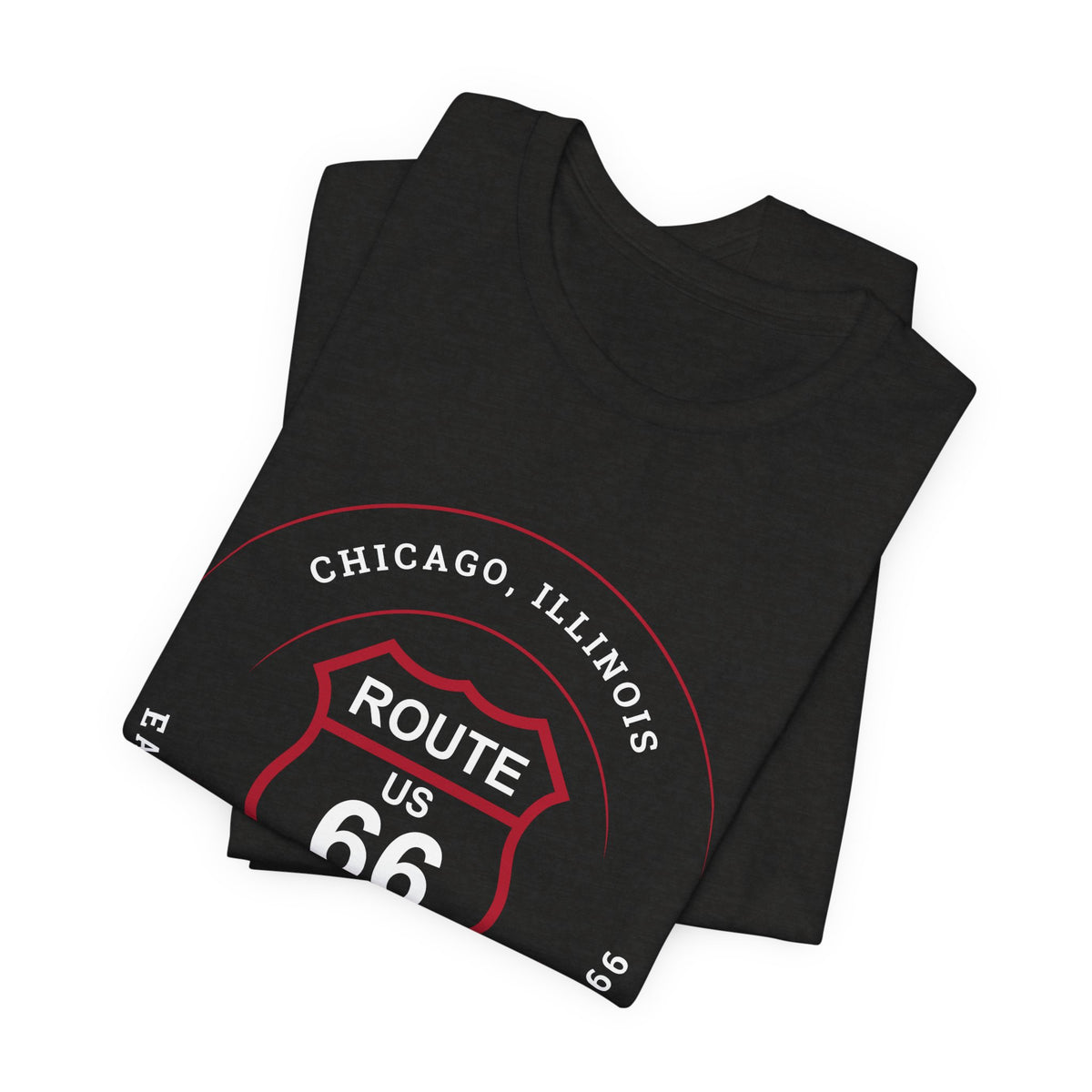 Chicago Illinois Route 66 t-shirt in black, folded view showing graphic