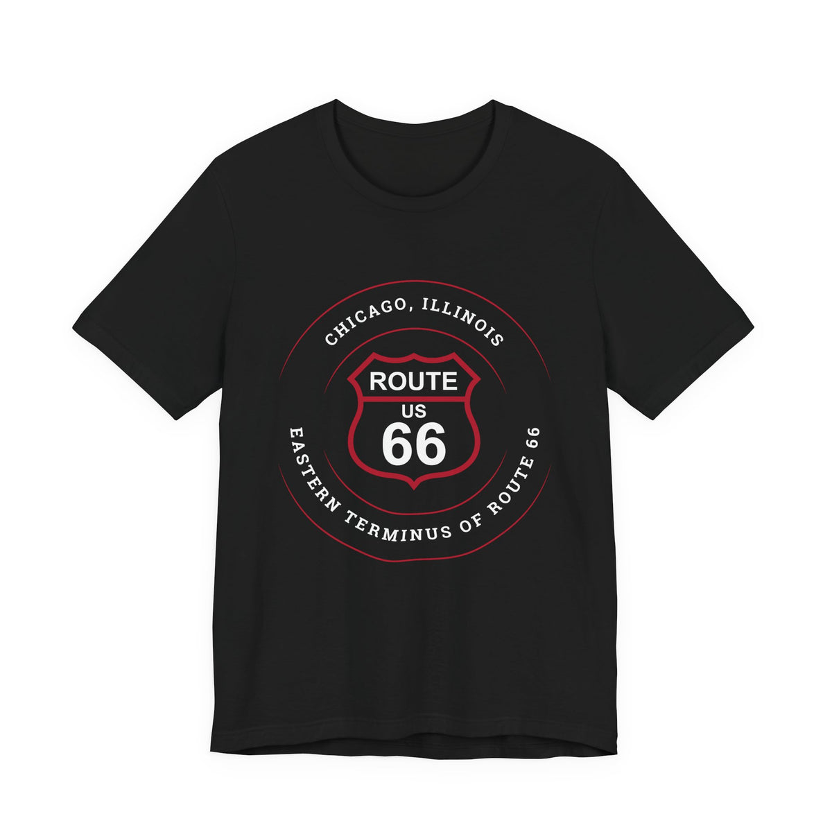 Chicago Illinois Route 66 t-shirt in black, flat lay front view