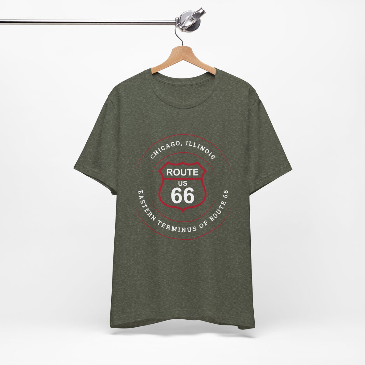 Chicago Illinois Route 66 t-shirt in olive, hanging front view