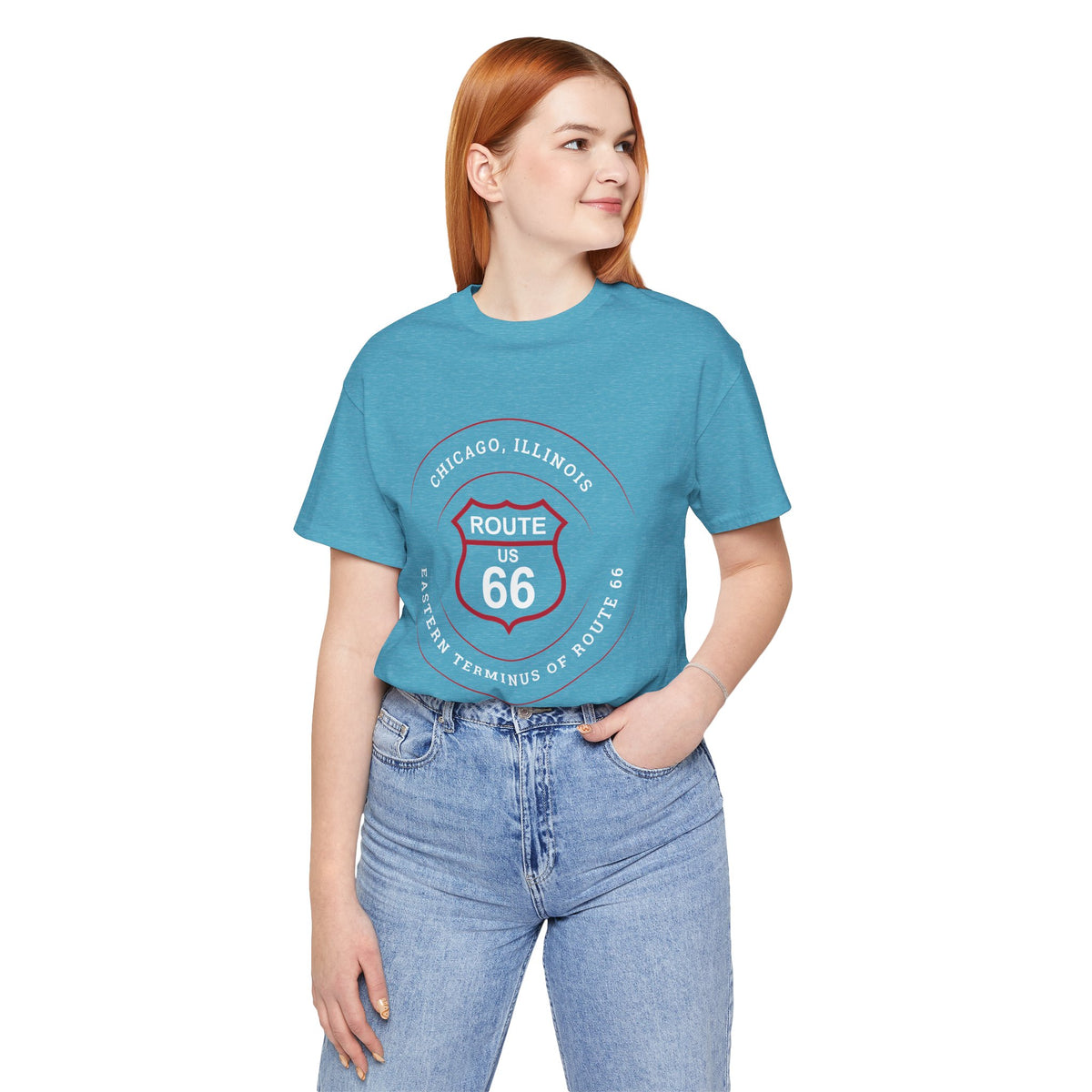 Chicago Illinois Route 66 t-shirt in teal, front view on model