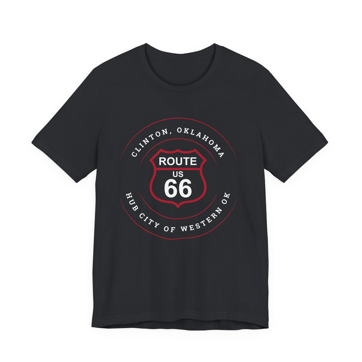 Clinton hub city Route 66 unisex tee in black, front view flat lay, alternate angle