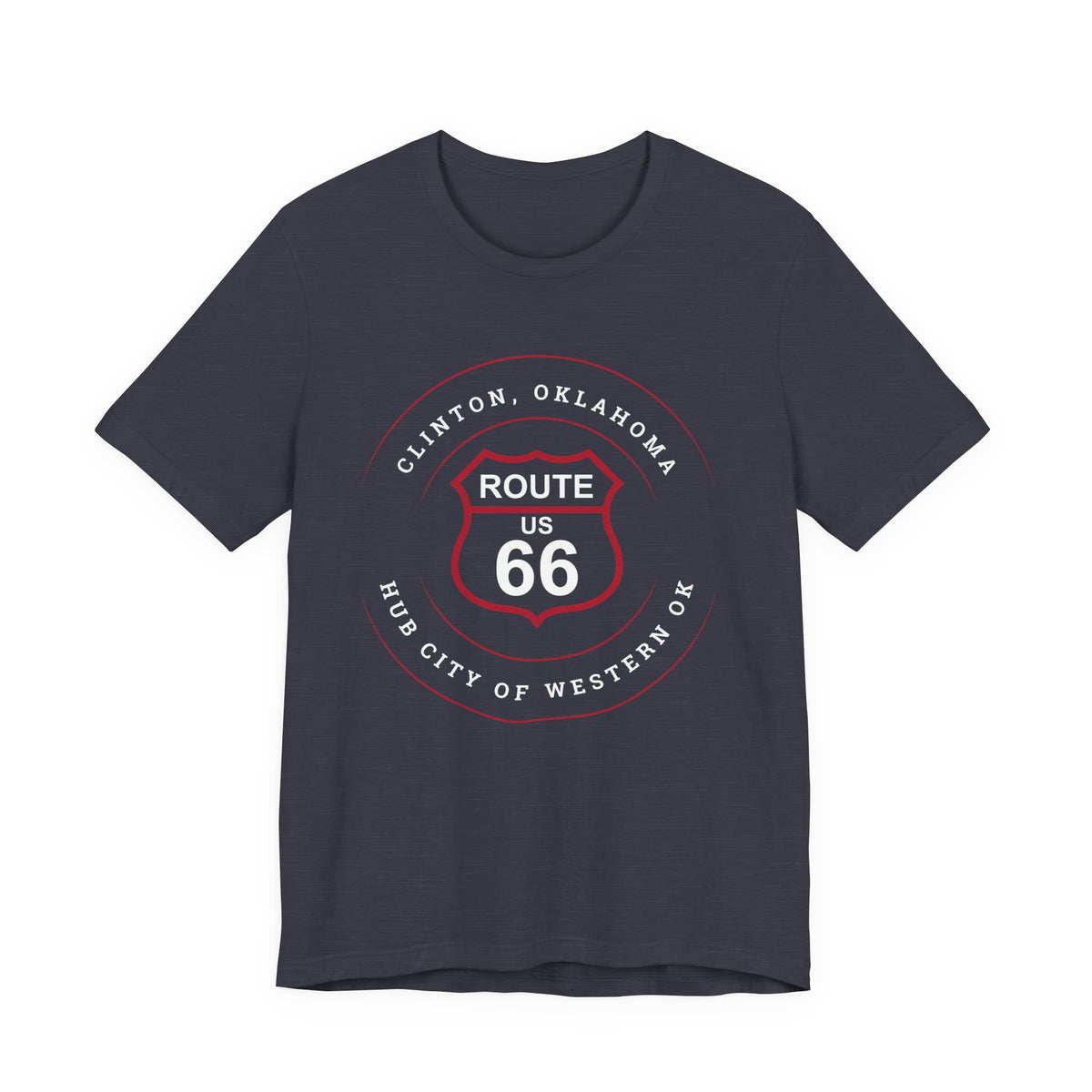 Clinton hub city Route 66 unisex tee in navy, front view flat lay