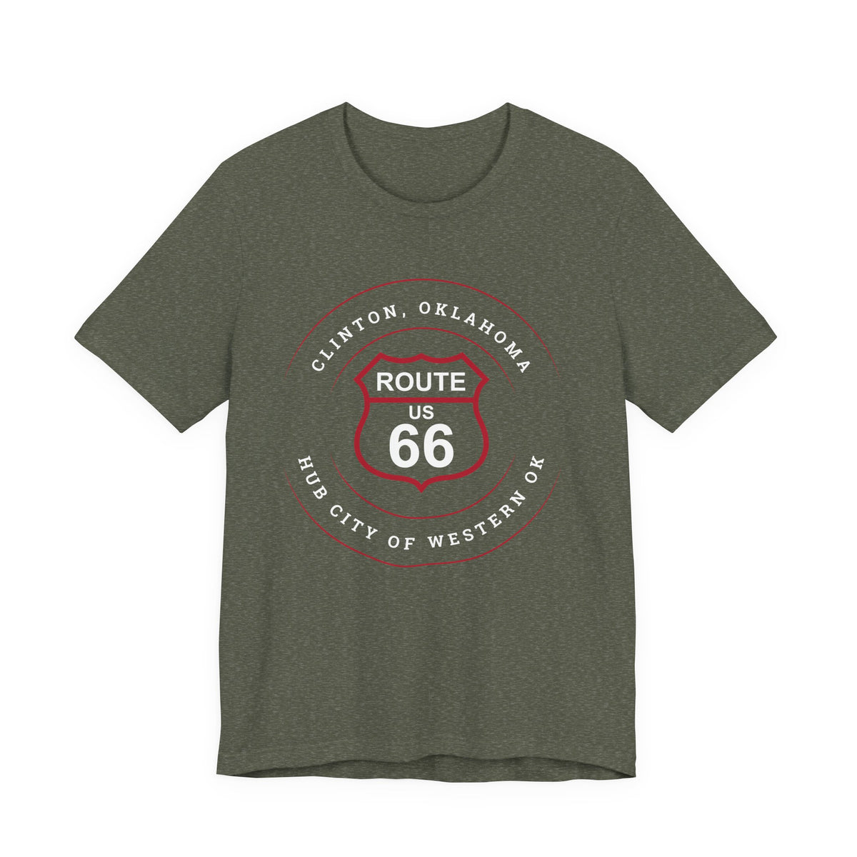 Clinton hub city Route 66 unisex tee in olive green, front view flat lay