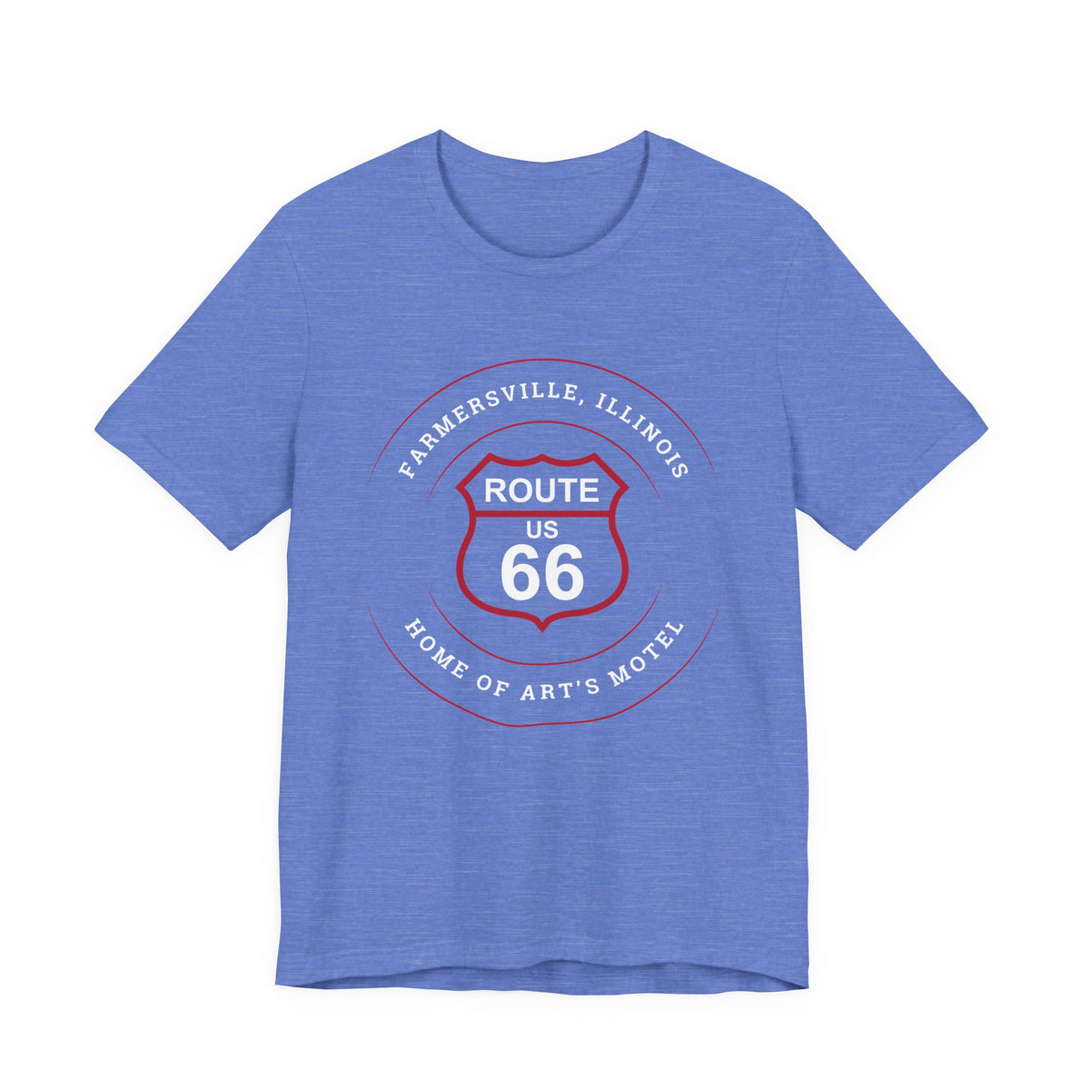 Farmersville Illinois Route 66 t-shirt in heather blue, front view flat lay