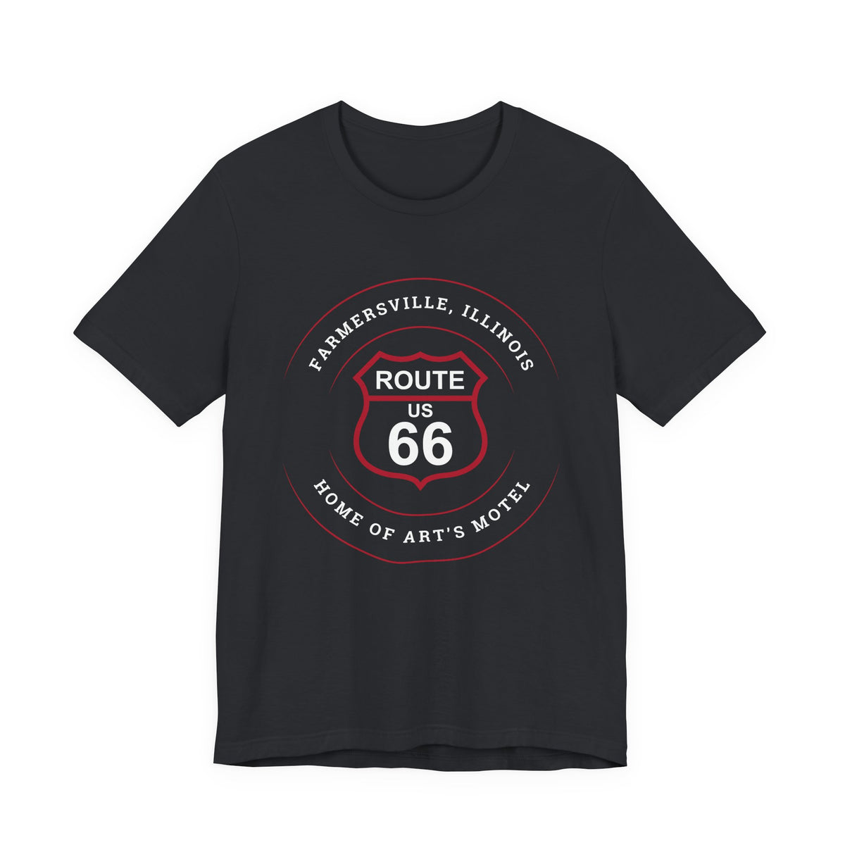 Farmersville Illinois Art's Motel Route 66 t-shirt in vintage black, front view