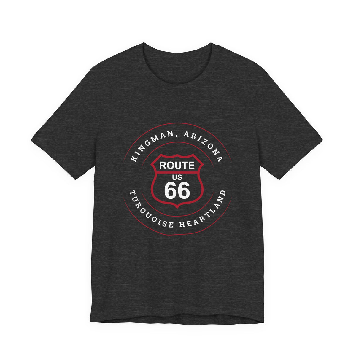 Kingman Arizona turquoise heartland Route 66 t-shirt in dark grey heather, front view