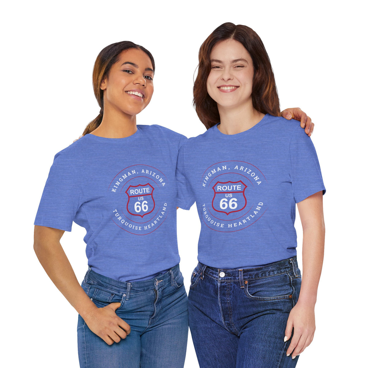 Kingman Arizona turquoise heartland Route 66 t-shirt in heather blue, front view on two models