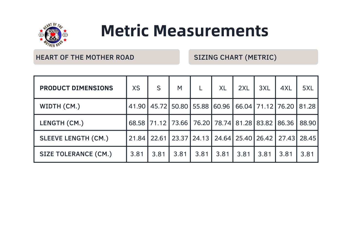 Metric sizing chart for the ultra-soft, collectible Route 66 unisex tee in the Route 66 Everytown Collection
