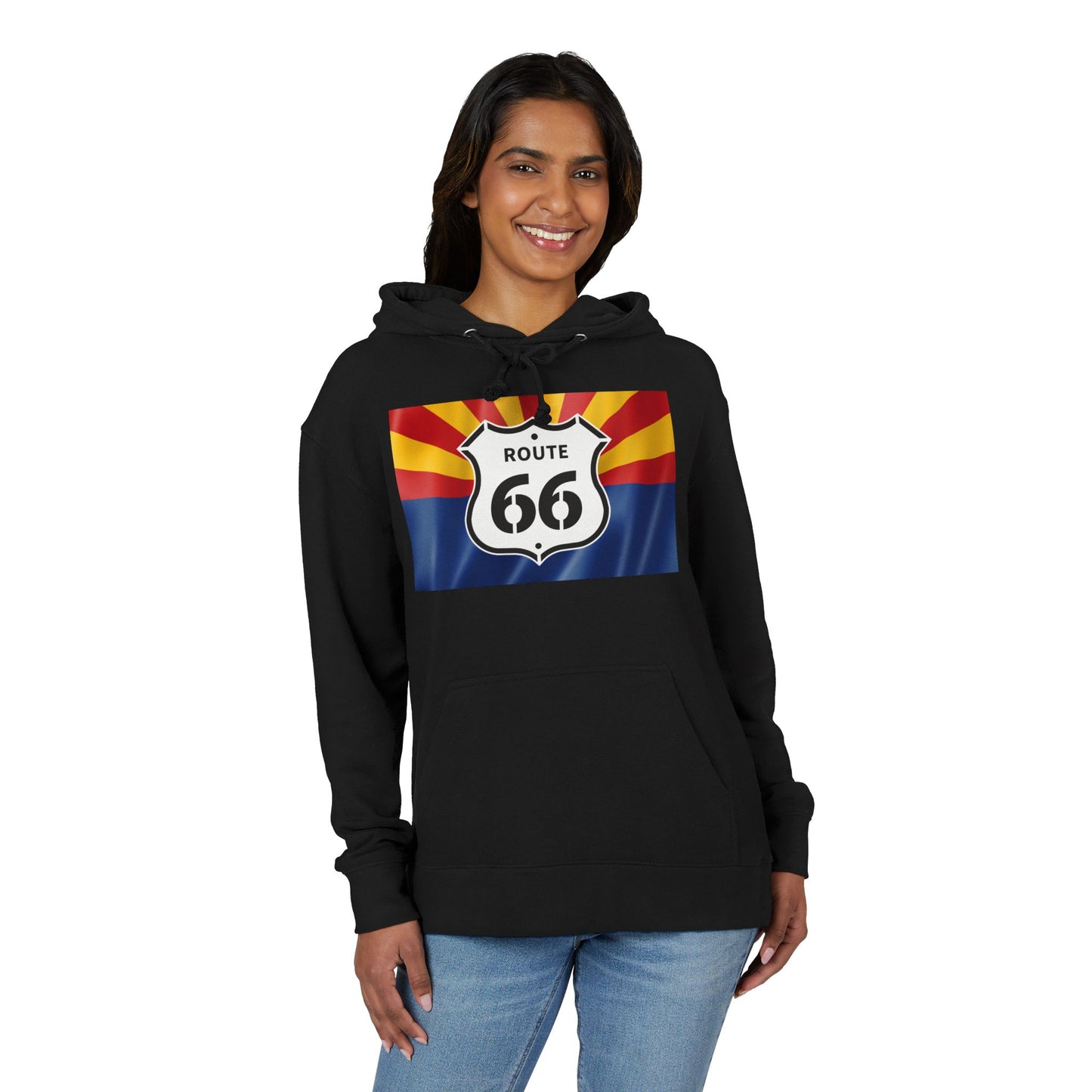 Smiling woman in a cozy black Route 66 Arizona flag hoodie, classic retro travel sweatshirt.