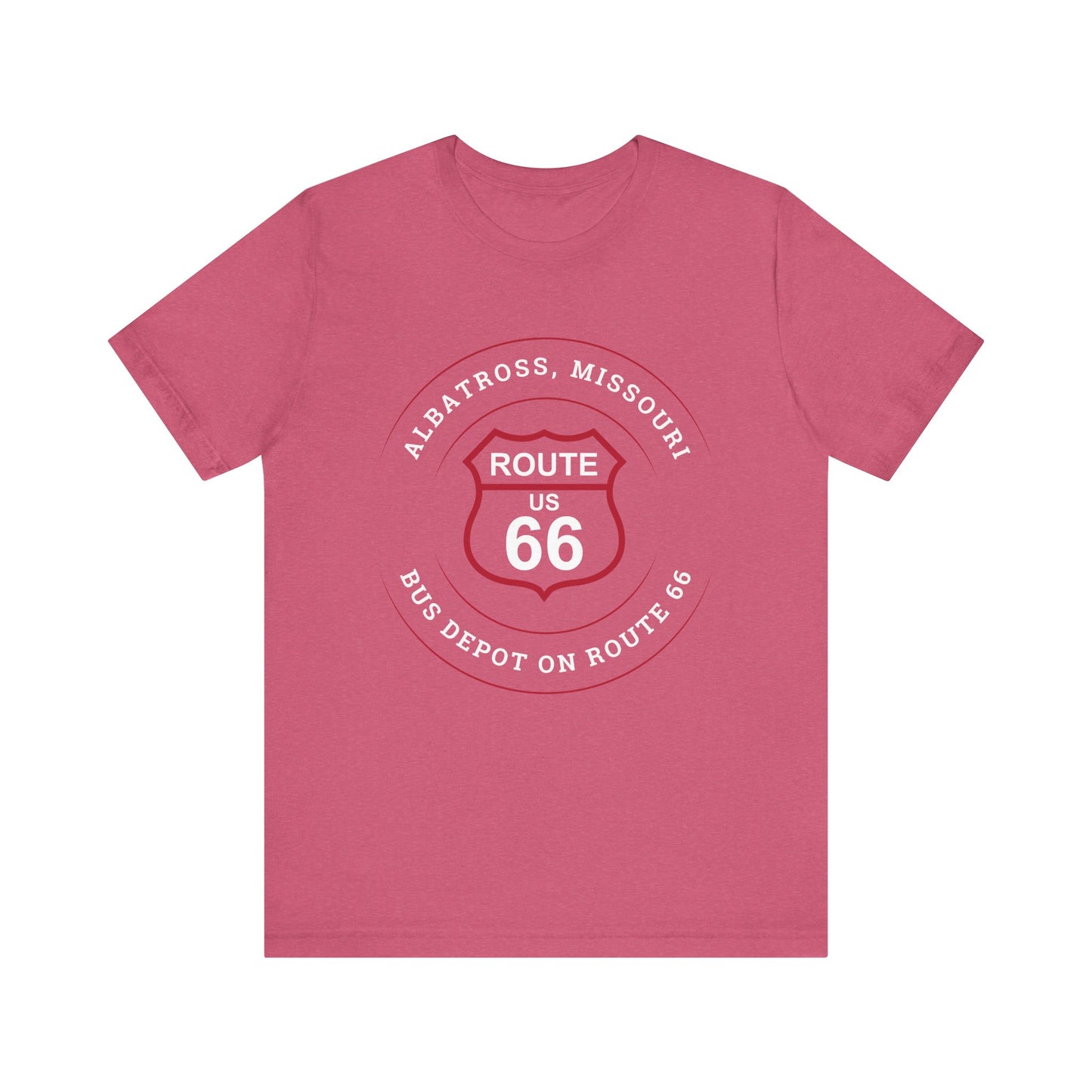 Heather raspberry retro Route 66 unisex jersey tee with Albatross, MO "Bus Depot on Route 66" design