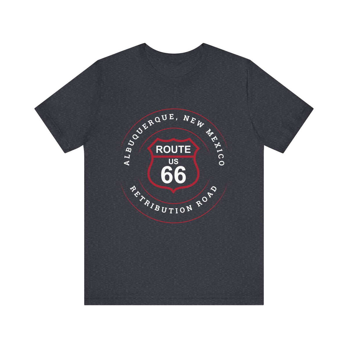Heather navy retro Route 66 unisex jersey tee with Albuquerque, NM: "Retribution Road" design