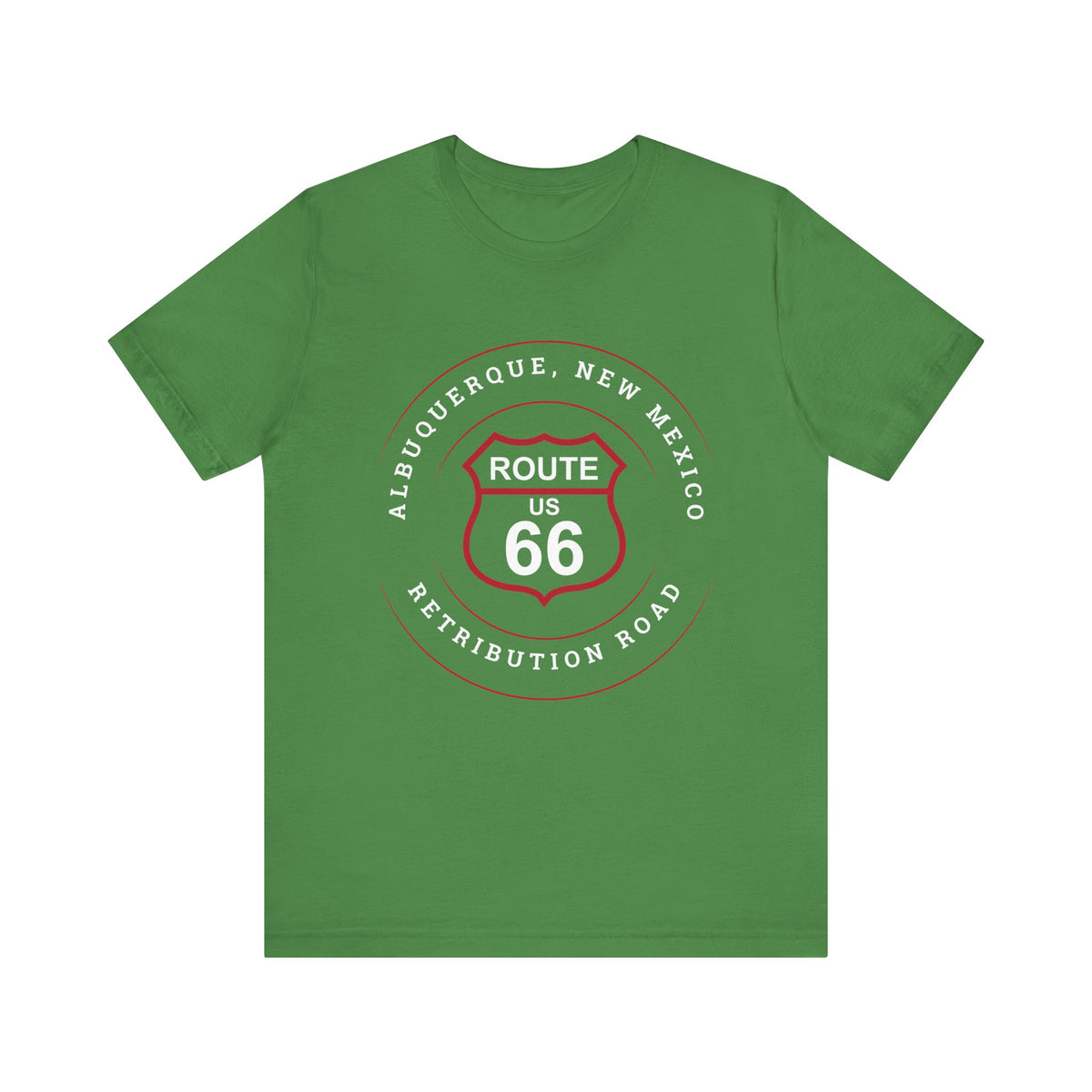 Leaf retro Route 66 unisex jersey tee with Albuquerque, NM: "Retribution Road" design