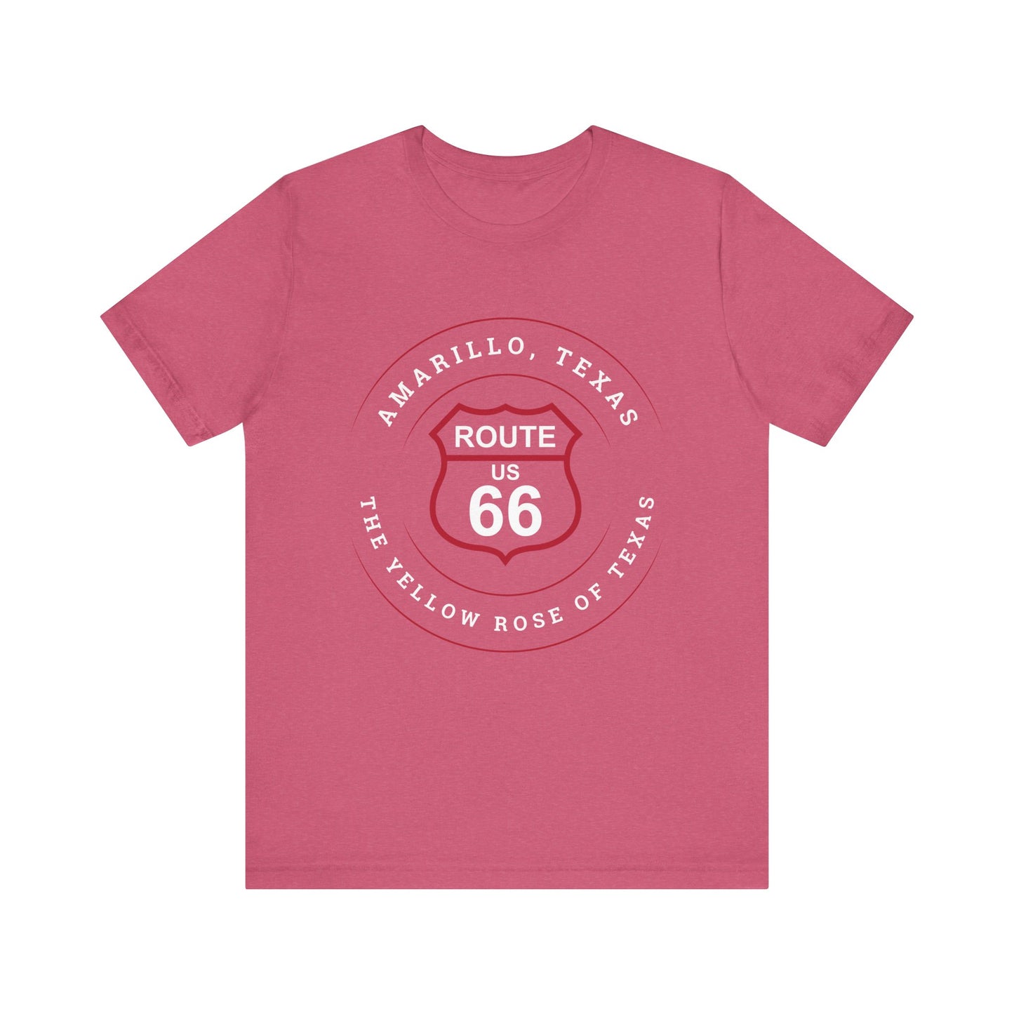 Heather raspberry retro Route 66 unisex jersey tee with Amarillo, TX: "Yellow Rose of Texas" design