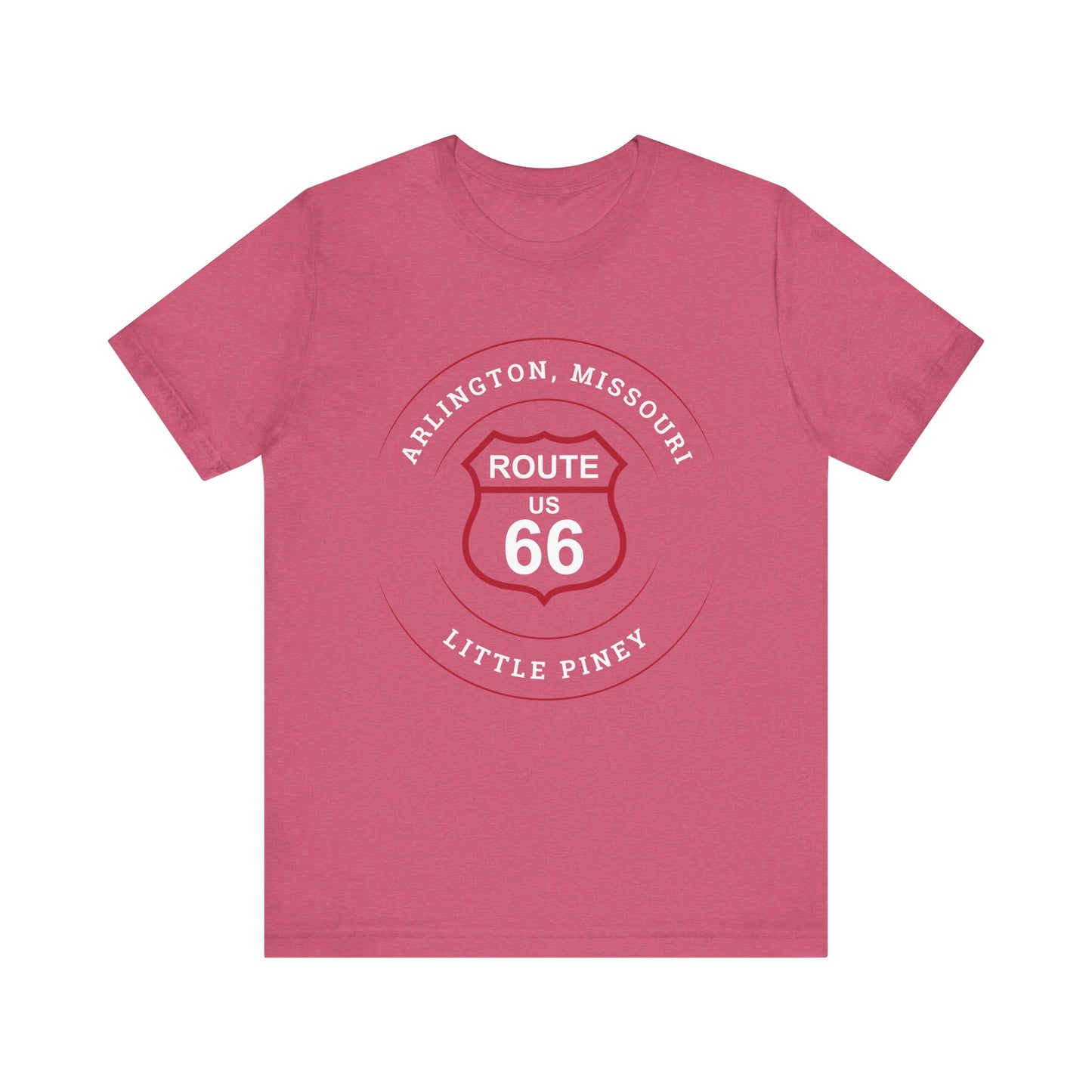 Heather raspberry retro Route 66 unisex jersey tee with Arlington, MO: "Little Piney" design