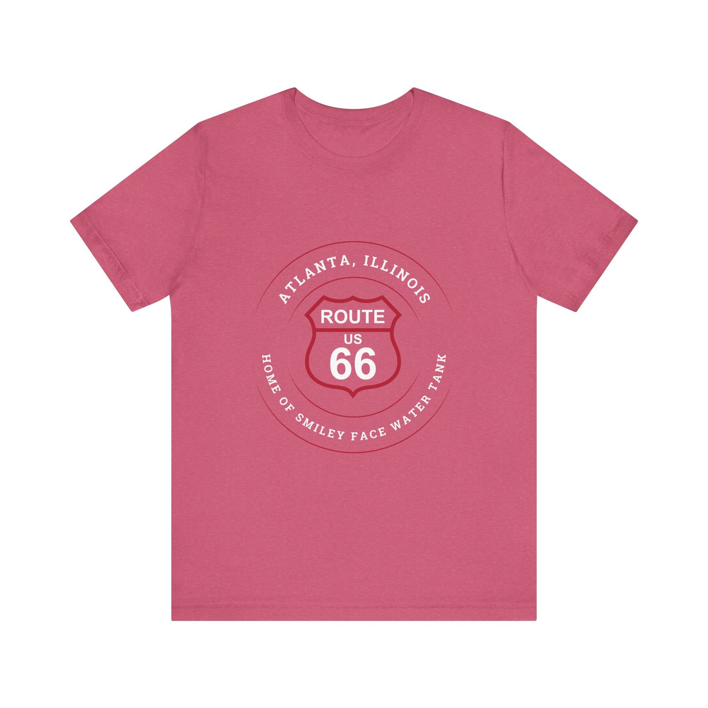 Heather raspberry retro Route 66 unisex jersey tee with Atlanta, IL:: "Home of Smiley Face Water Tank" design