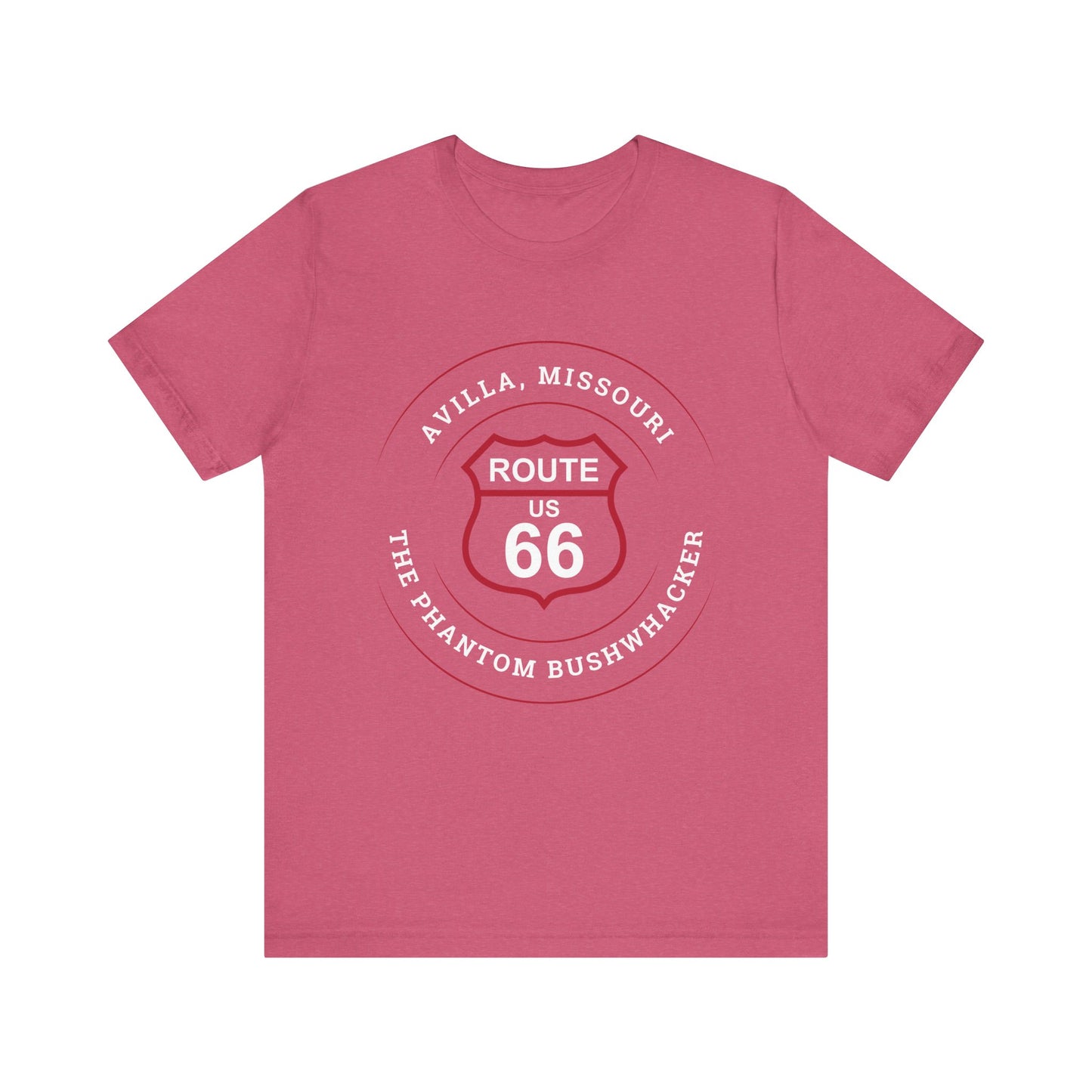 Heather raspberry retro Route 66 unisex jersey tee with Avilla, MO "The Phantom Bushwhacker" design