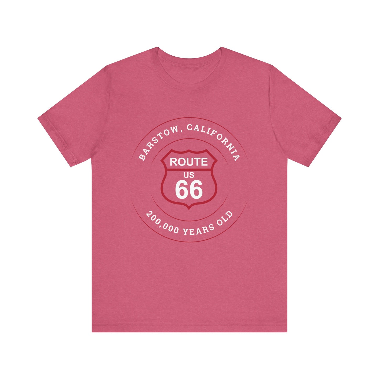 Heather raspberry retro Route 66 unisex jersey tee with Barstow, CA: "200,000 Years Old" design