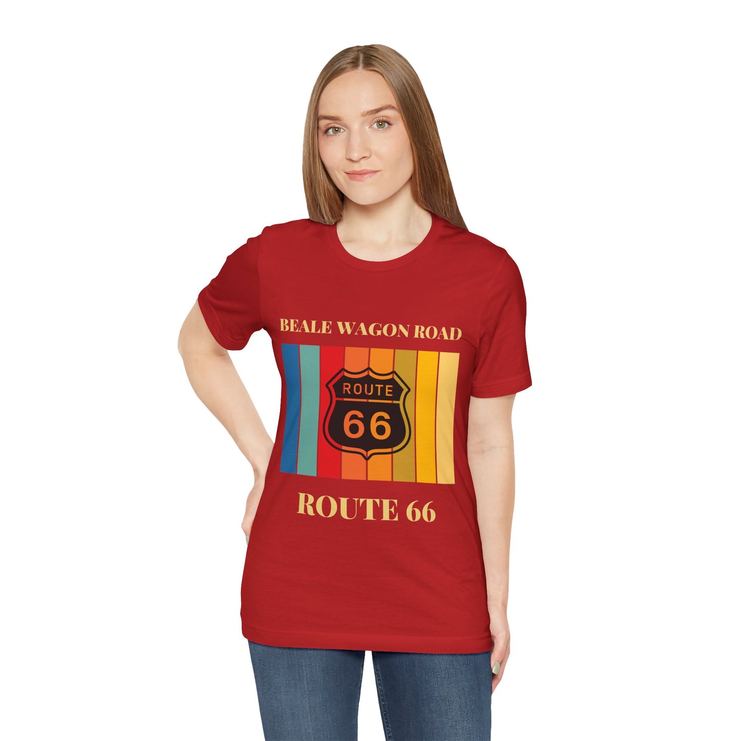 Female model wearing a red retro unisex jersey tee with a "Beale Wagon Road" design