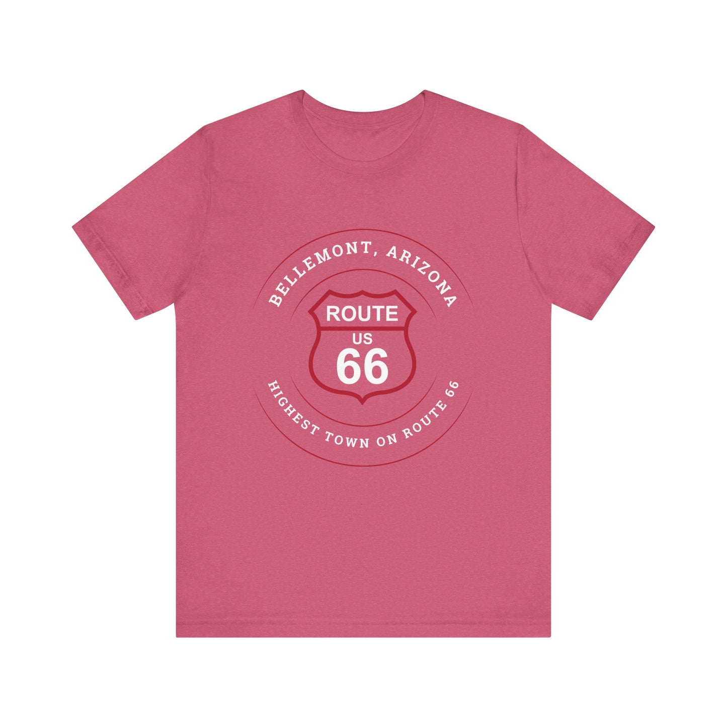 Heather raspberry retro Route 66 unisex jersey tee with Bellemont, AZ: "Highest Town on Route 66" design