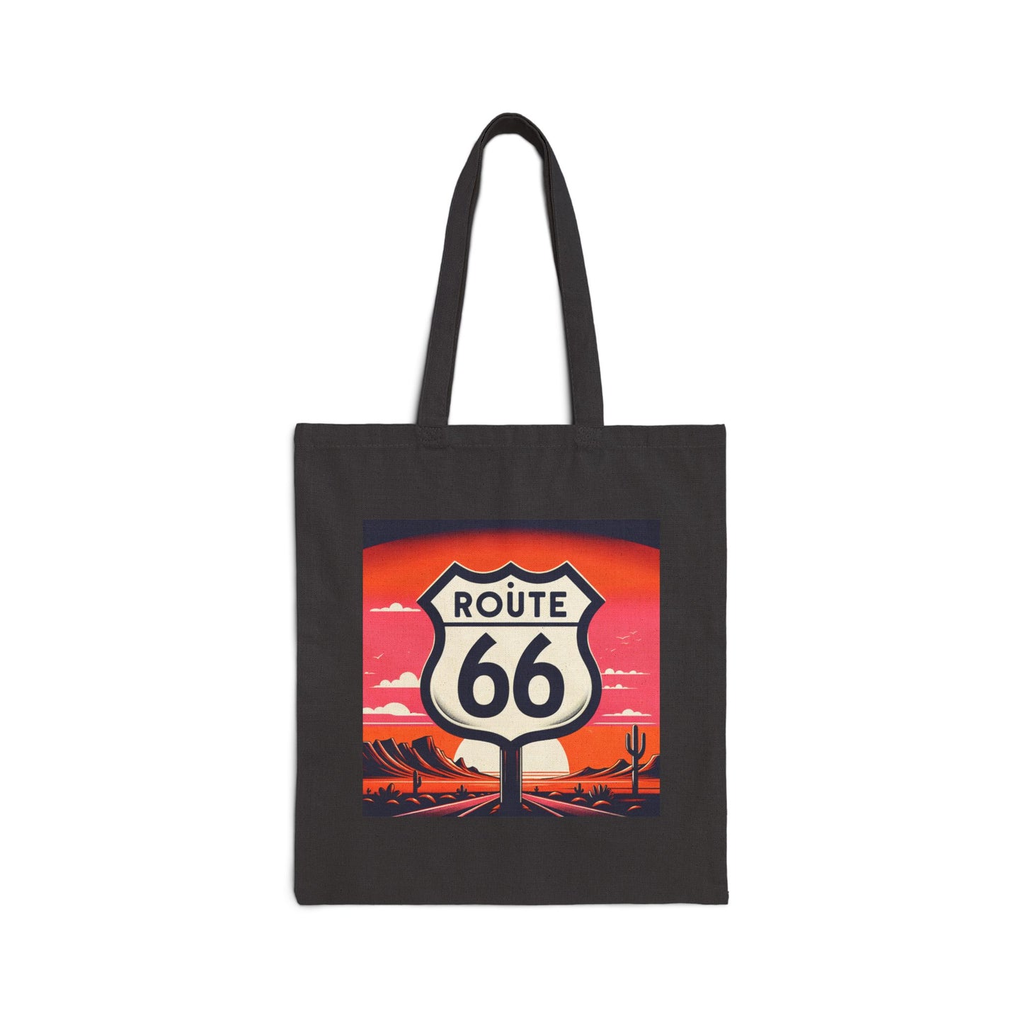 Black cotton Route 66 canvas tote bag with retro sunset shield artwork on white background