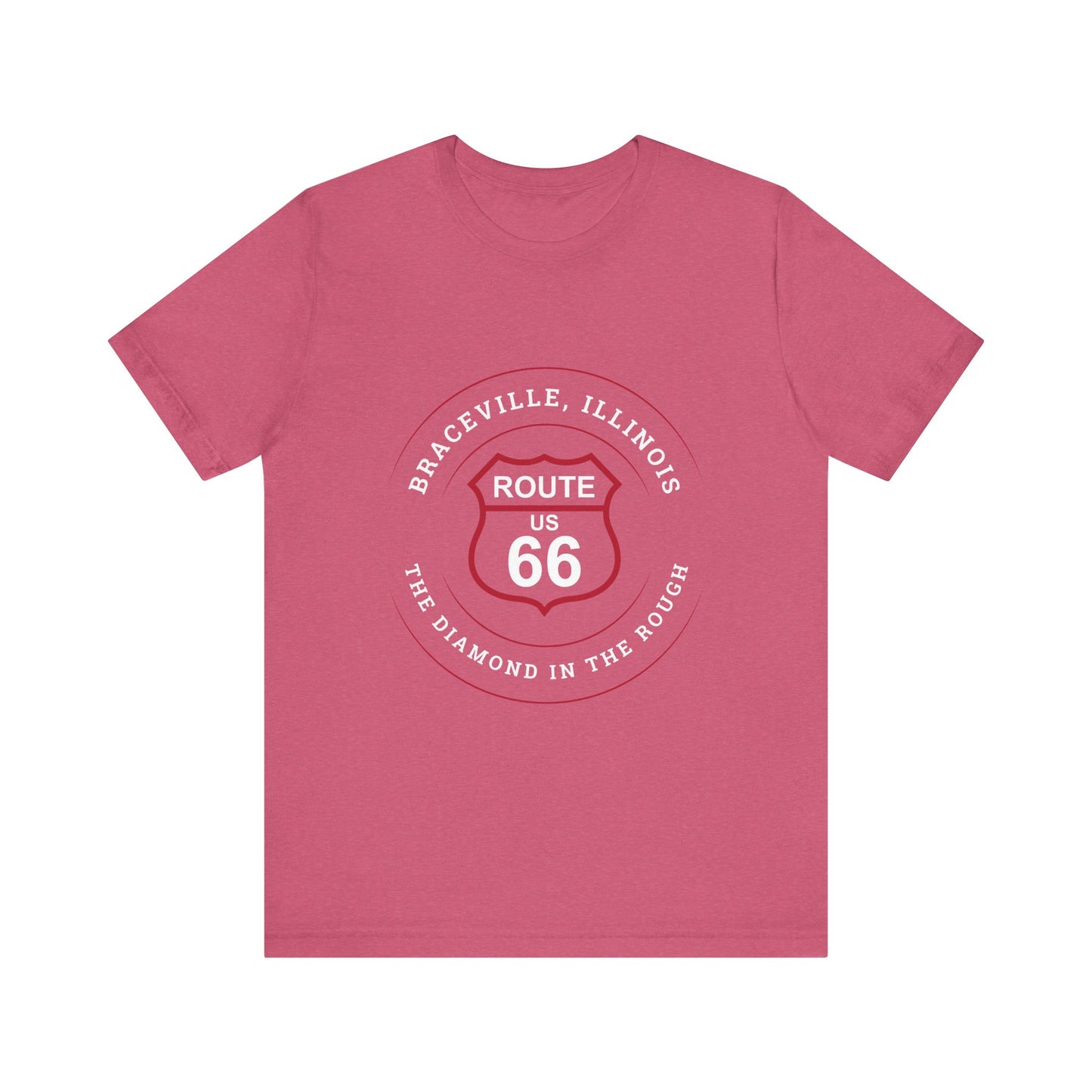 Heather raspberry retro Route 66 unisex jersey tee with Braceville, IL: "The Diamond in the Rough" design