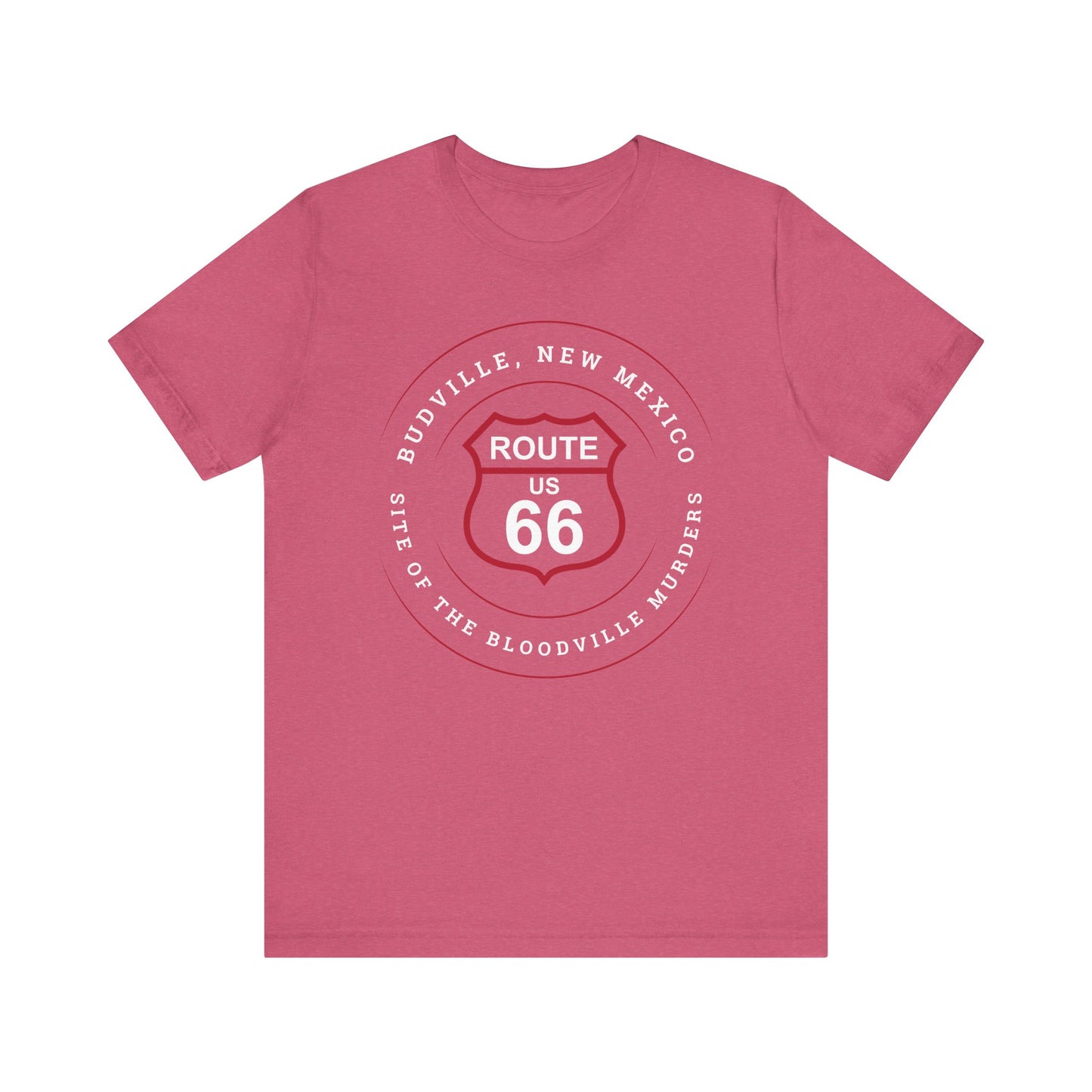 Heather raspberry retro Route 66 unisex jersey tee with Budville, NM: Site of the Bloodville Murders