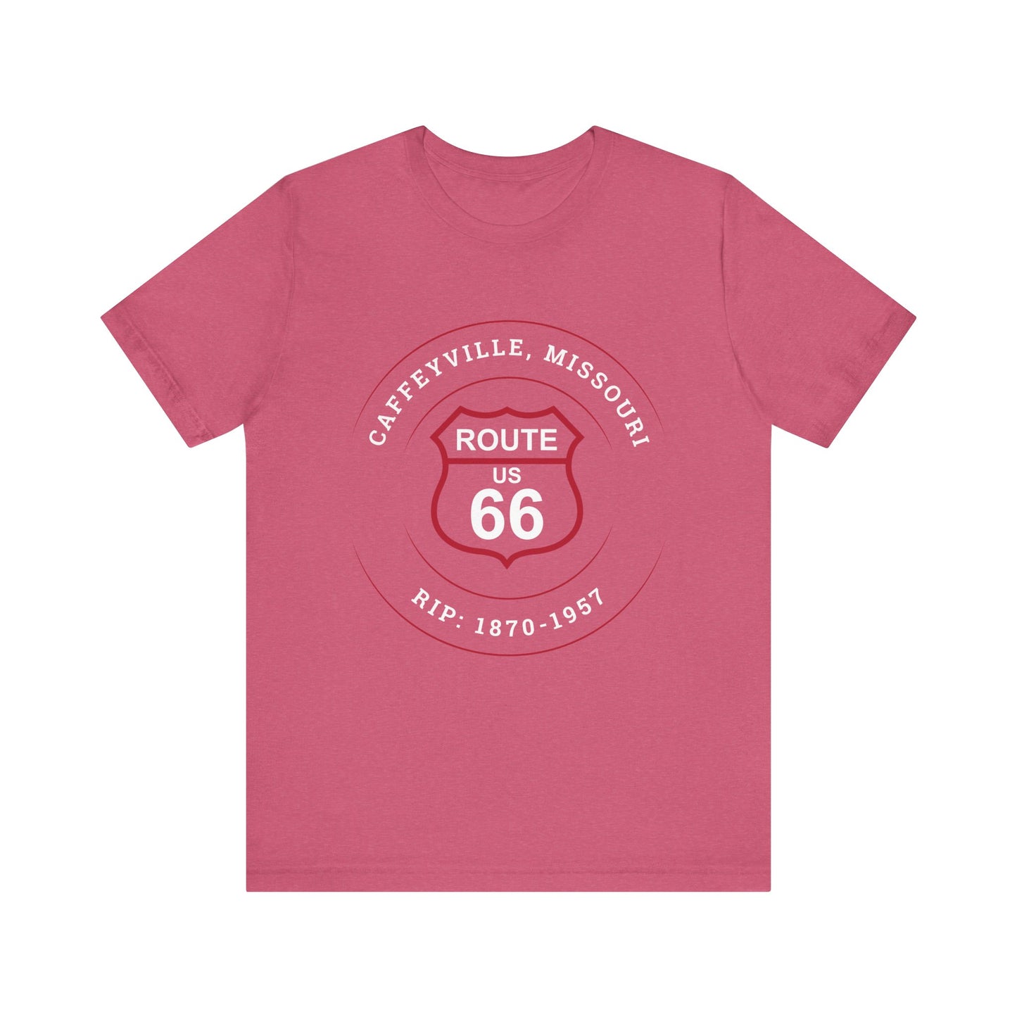 Heather raspberry retro Route 66 unisex jersey tee with Caffeyville, MO "RIP 1870-1957" design