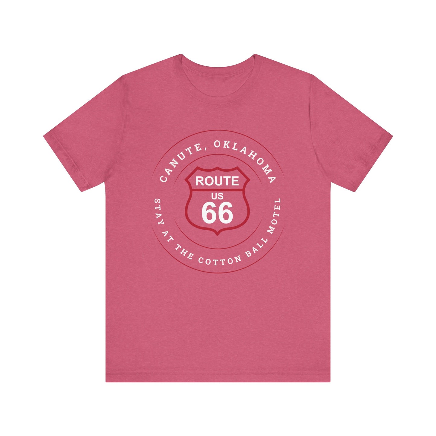 Heather raspberry retro Route 66 unisex jersey tee with Canute, OK "Stay at the Cotton Ball Motel" design