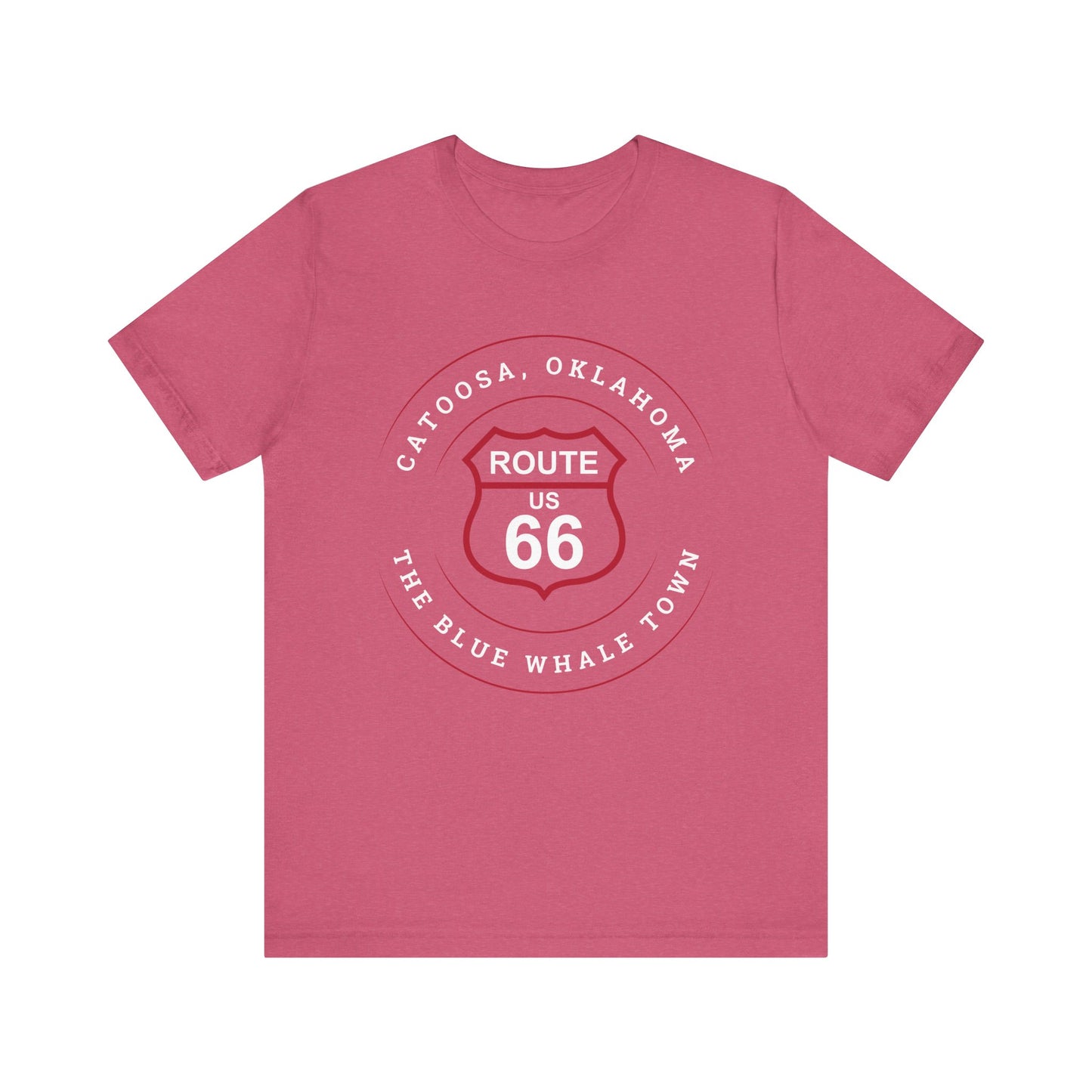 Heather raspberry retro Route 66 unisex jersey tee with Catoosa, OK "The Blue Whale Town" design