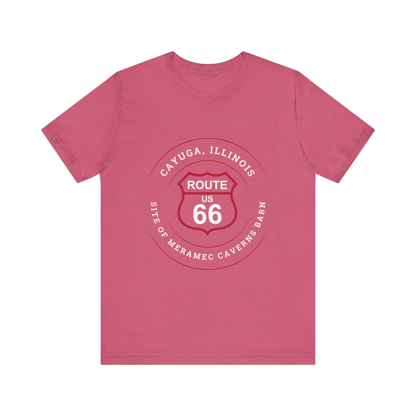 Heather raspberry retro Route 66 unisex jersey tee with Cayuga, IL: "Site of Meramec Caverns Barn" design
