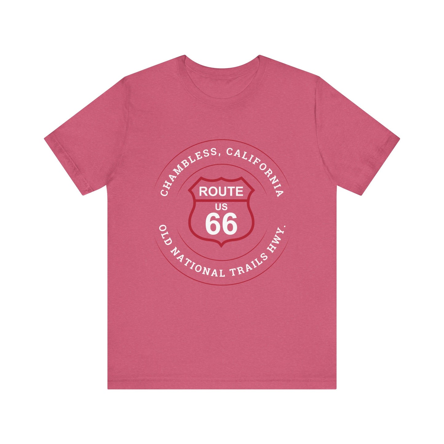 Heather raspberry retro Route 66 unisex jersey tee with Chambless, CA: "Old National Trails Hwy" design