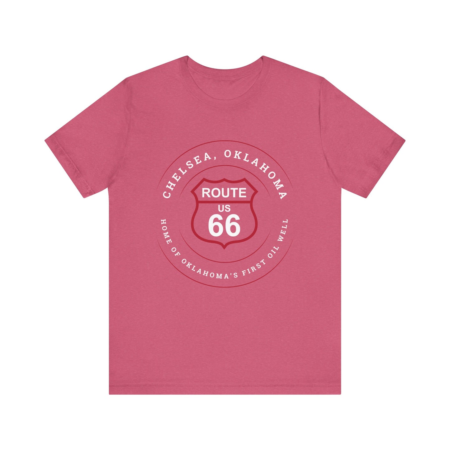 Heather raspberry retro Route 66 unisex jersey tee with Chelsea, OK "Home of Oklahoma’s First Oil Well" design