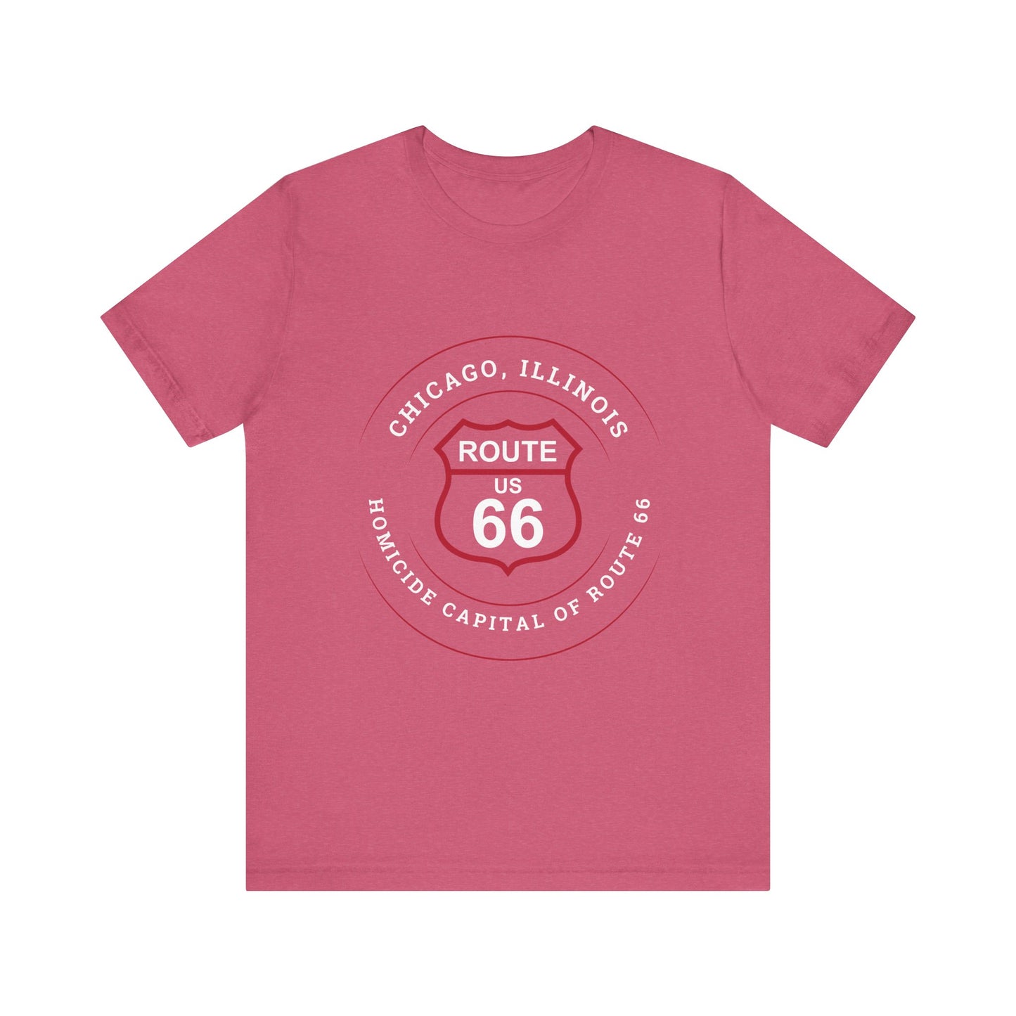 Heather raspberry retro Route 66 unisex jersey tee with Chicago, IL:: "Homicide Capital of Route 66" design