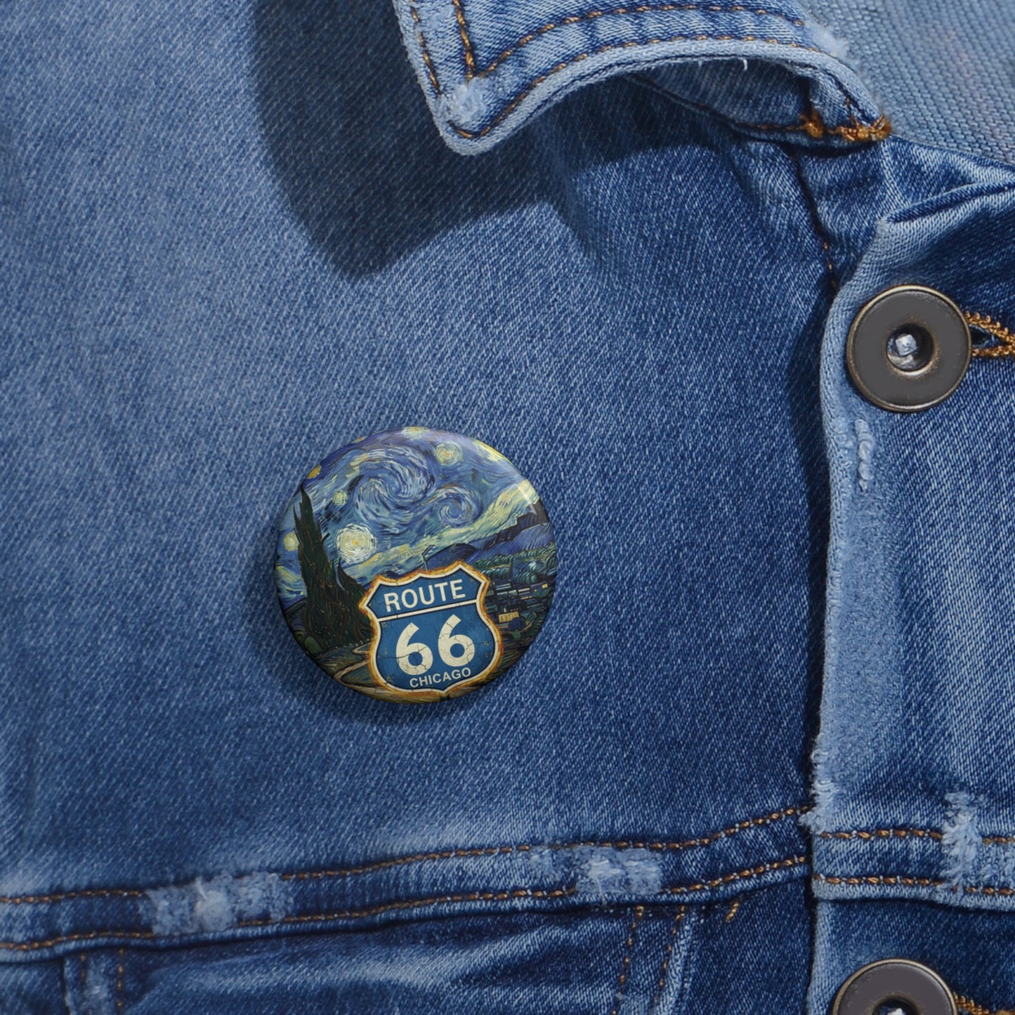 Route 66 Chicago Van Gogh Starry Night pin button styled on a denim jacket.