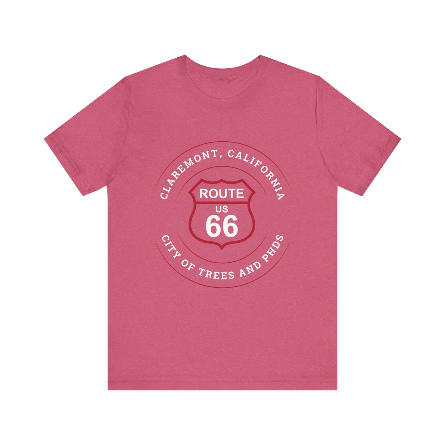 Heather raspberry retro Route 66 unisex jersey tee with Claremont, CA: "City of Trees and PhDs" design