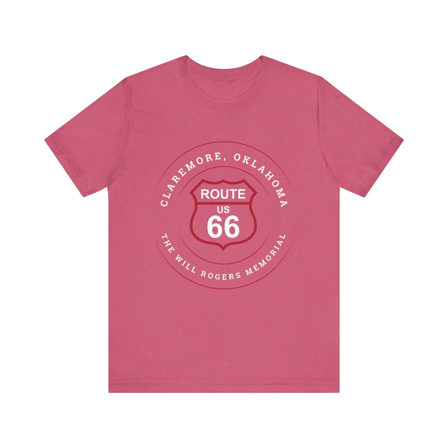 Heather raspberry retro Route 66 unisex jersey tee with Claremore, OK "The Will Rogers Memorial" design