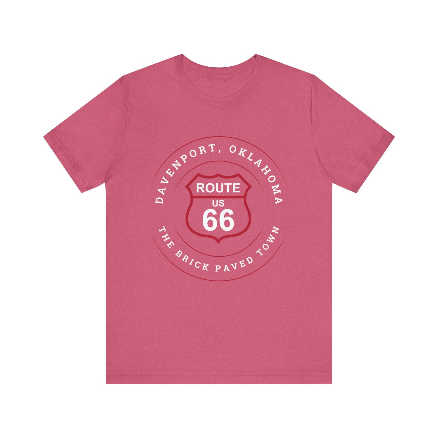 Heather raspberry retro Route 66 unisex jersey tee with Davenport, OK "The Brick-Paved Town" design
