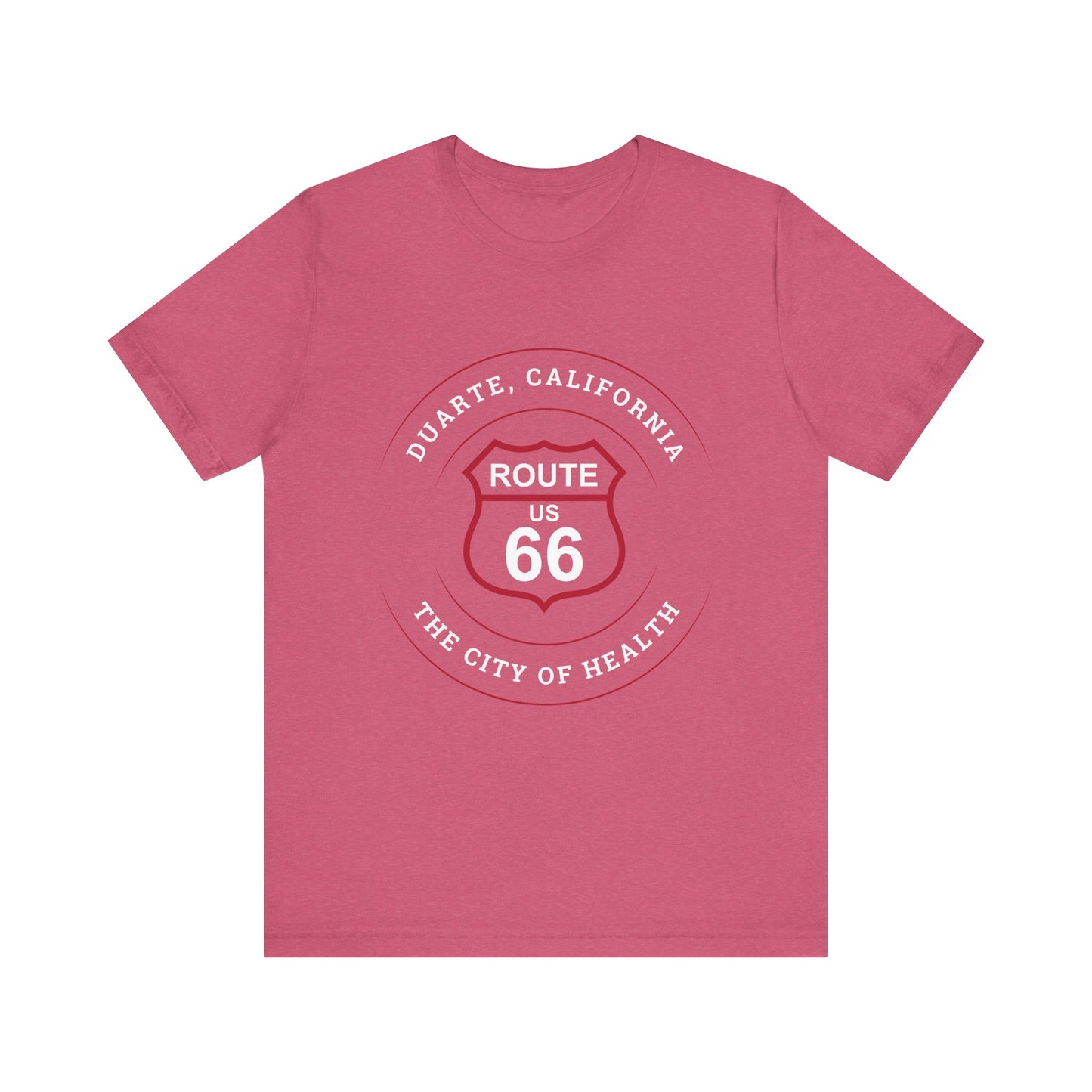 Heather raspberry retro Route 66 unisex jersey tee with Duarte, CA: "The City of Health" design