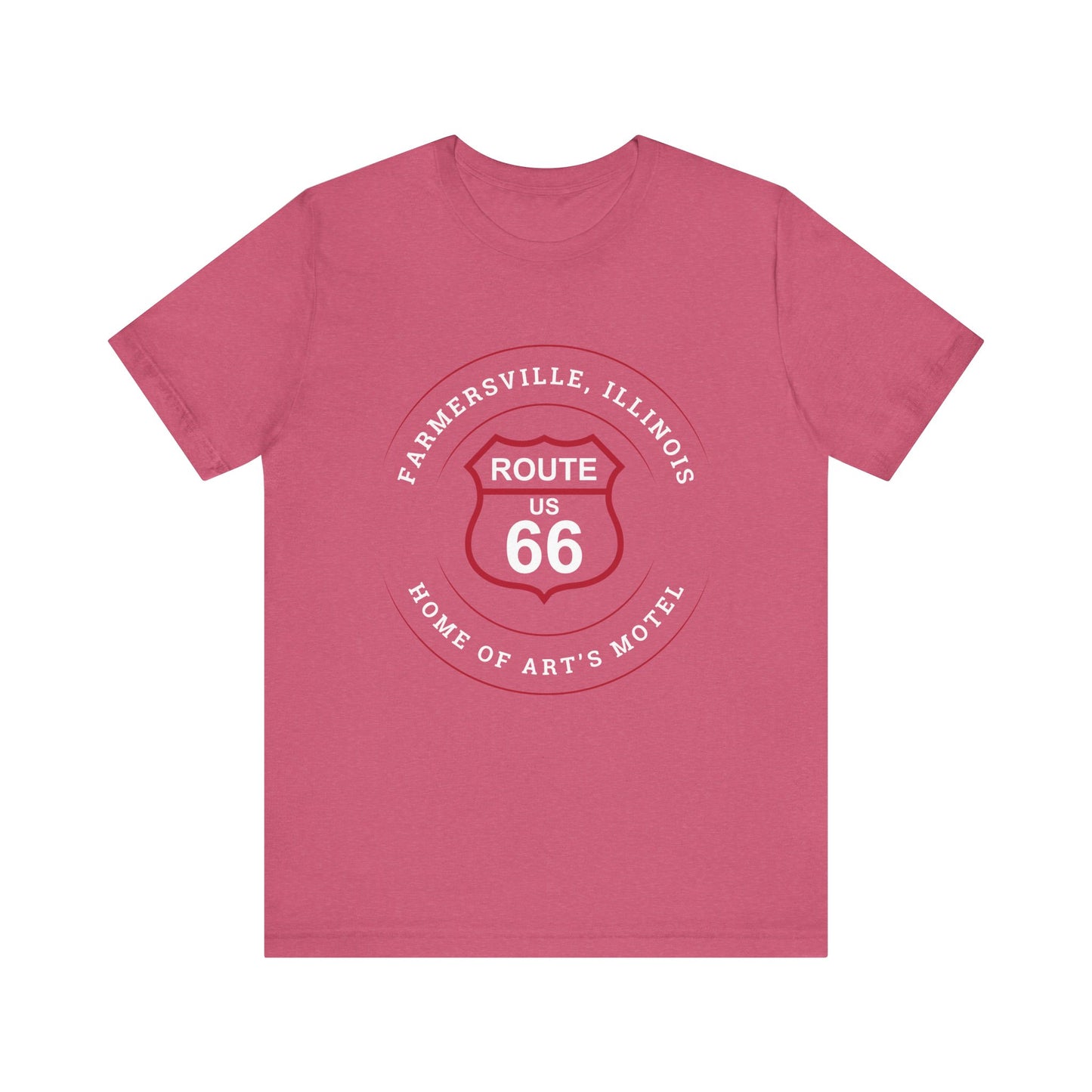 Heather raspberry retro Route 66 unisex jersey tee with Farmersville, IL: "Home of Art's Motel" design