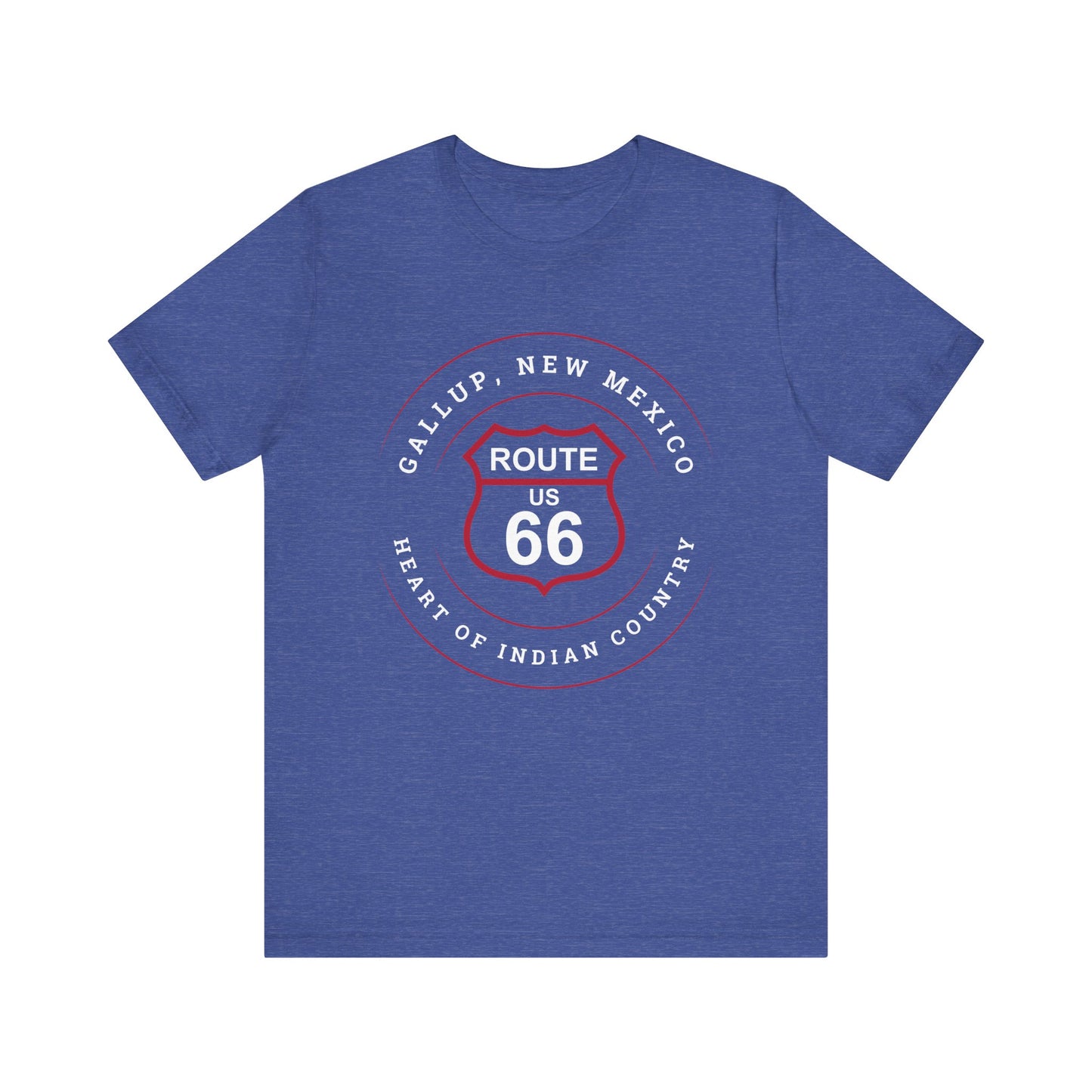 Heather true royal retro Route 66 unisex jersey tee with Gallup, NM: "Heart of Indian Country" design