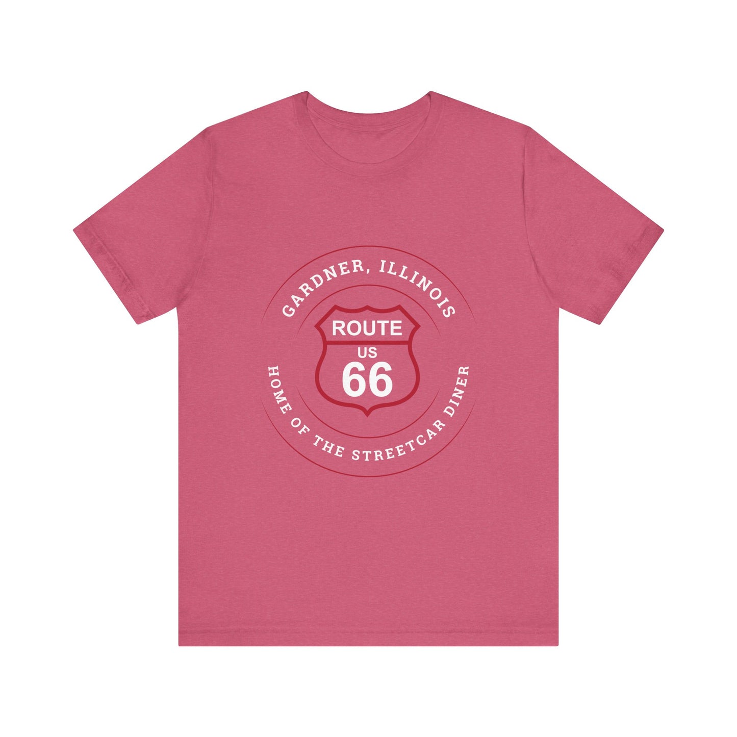Heather raspberry retro Route 66 unisex jersey tee with Gardner, IL: "Home of the Streetcar Diner" design