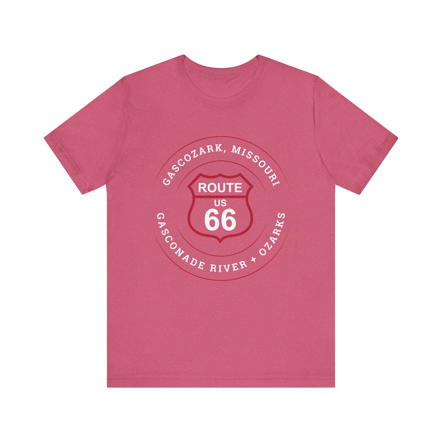 Heather raspberry retro Route 66 unisex jersey tee with Gascozark, MO "Gasconade River + Ozark" design