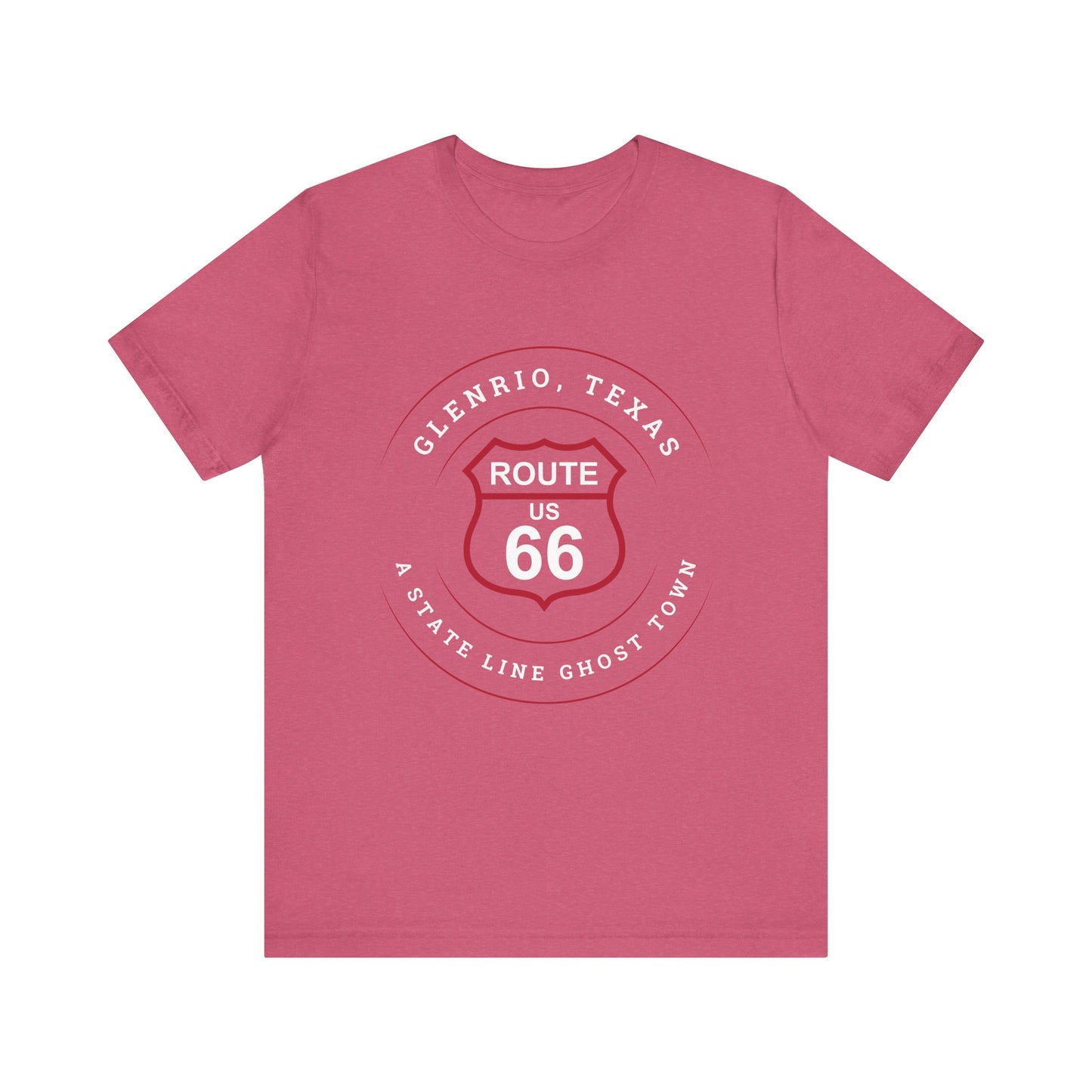 Heather raspberry retro Route 66 unisex jersey tee with Glenrio, TX: A State Line Ghost Town