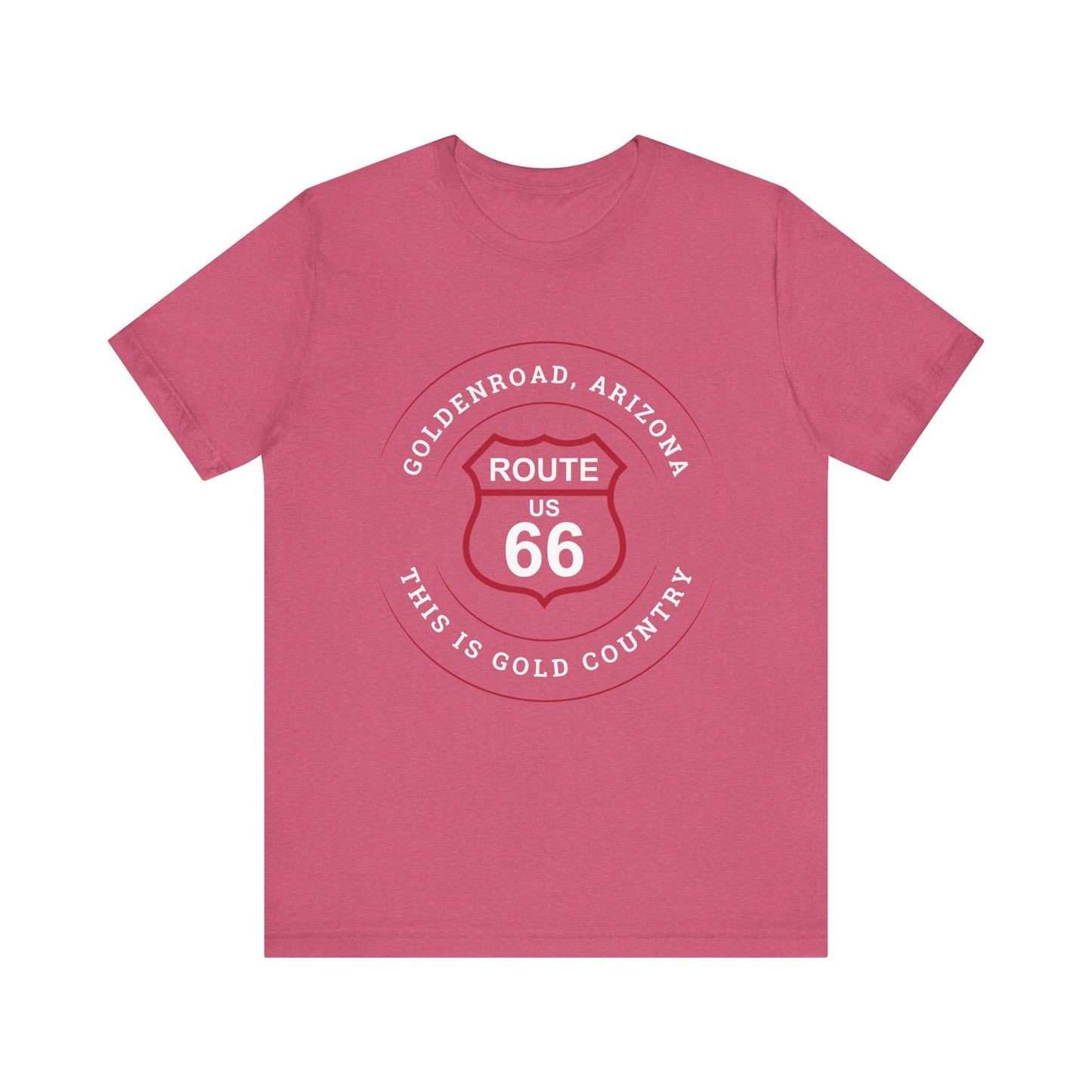 Heather raspberry retro Route 66 unisex jersey tee with Goldenroad, AZ: "This is Gold Country" design