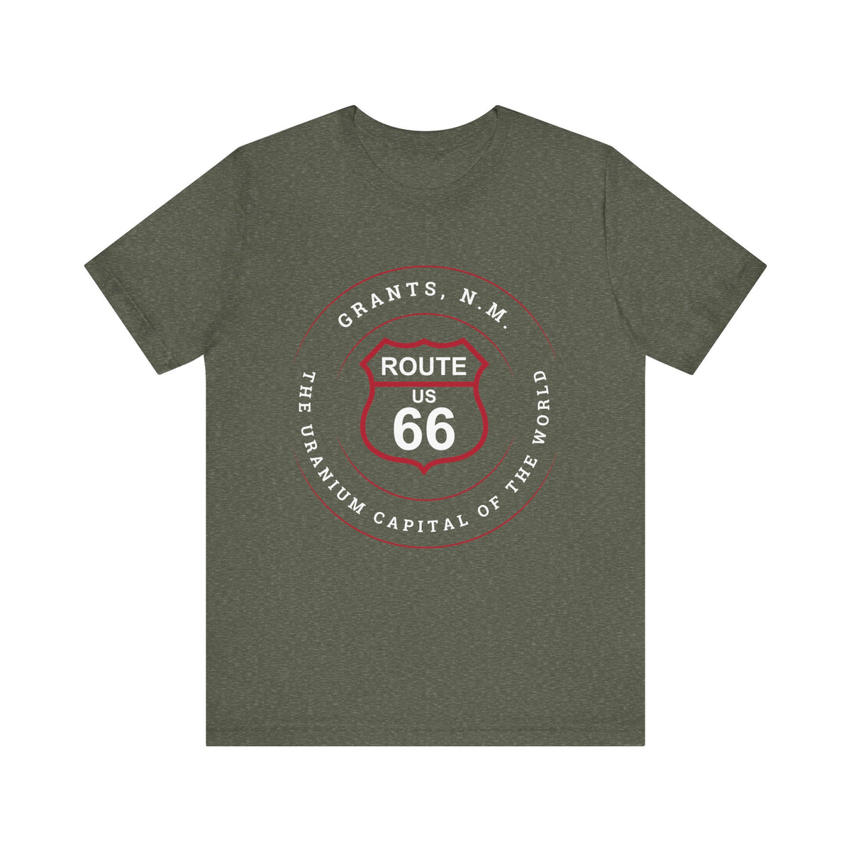 Heather military green retro Route 66 unisex jersey tee with Grants, NM: "Uranium Capital of the World" design