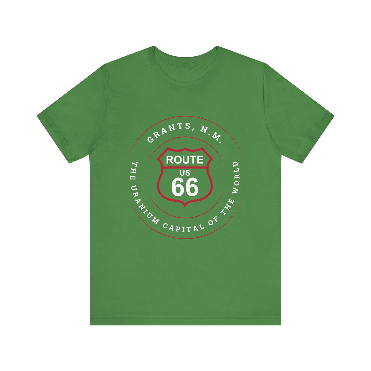 Leaf retro Route 66 unisex jersey tee with Grants, NM: "Uranium Capital of the World" design