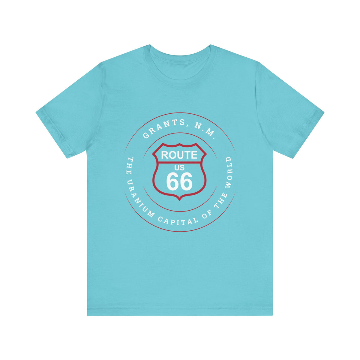 Turquoise retro Route 66 unisex jersey tee with Grants, NM: "Uranium Capital of the World" design