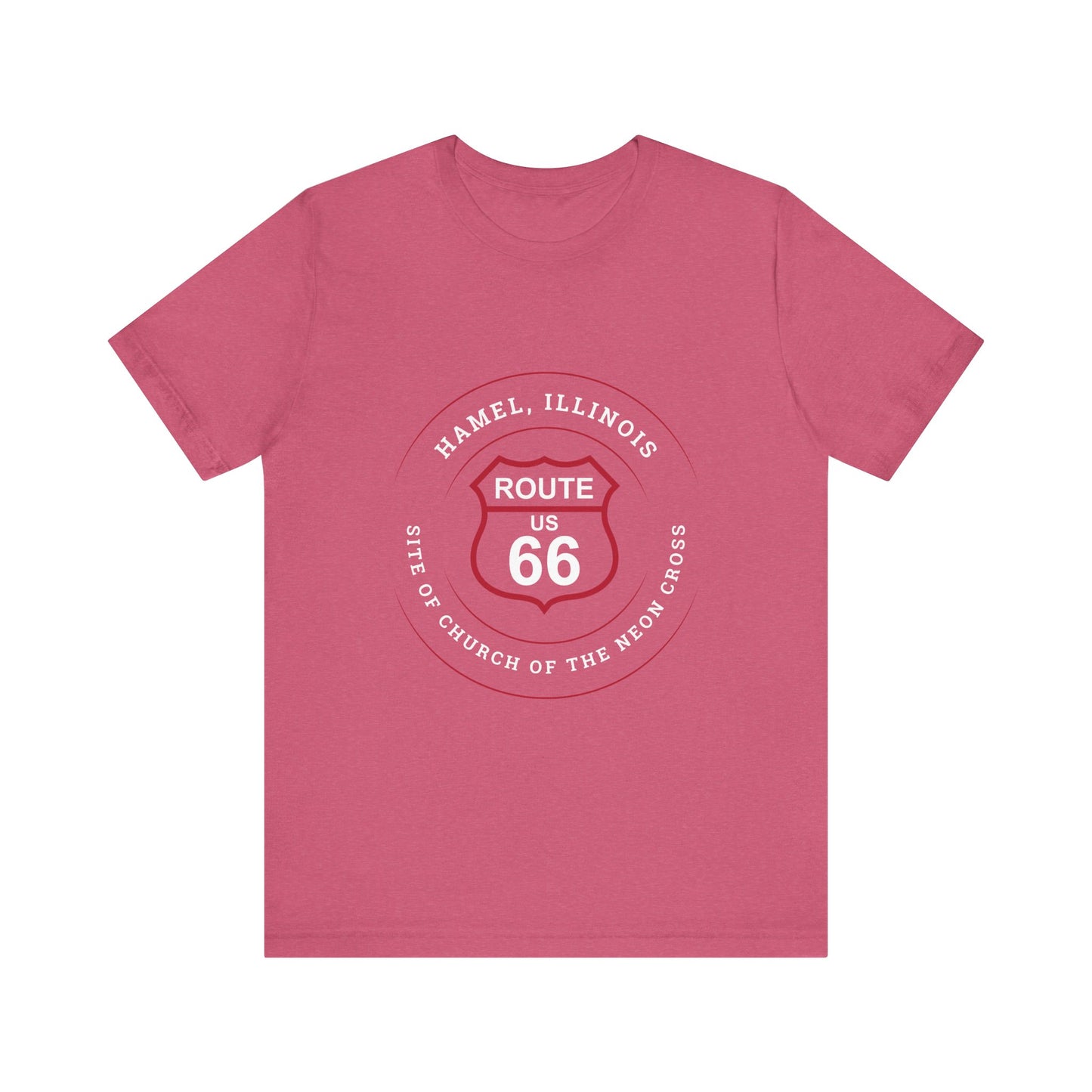 Heather raspberry retro Route 66 unisex jersey tee with Hamel, IL:: "Site of the Church of the Neon Cross" design